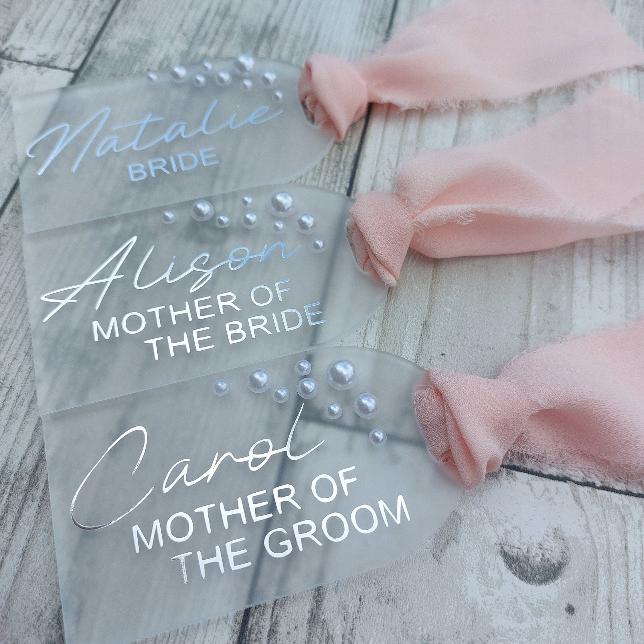Personalised Frosted Acrylic Wedding Hanger Tag: Pearl Detail, Photo Prop