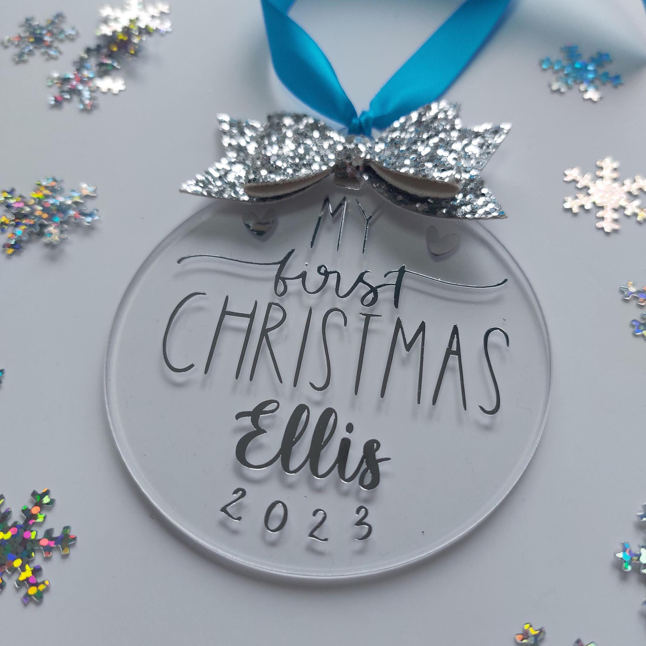 Personalised Baby's First Christmas Bauble: Glitter Bow Keepsake