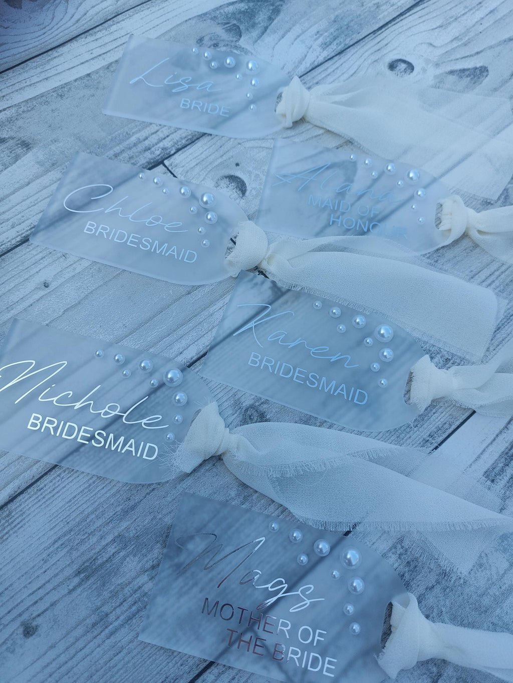 Personalised Frosted Acrylic Wedding Hanger Tag: Pearl Detail, Photo Prop