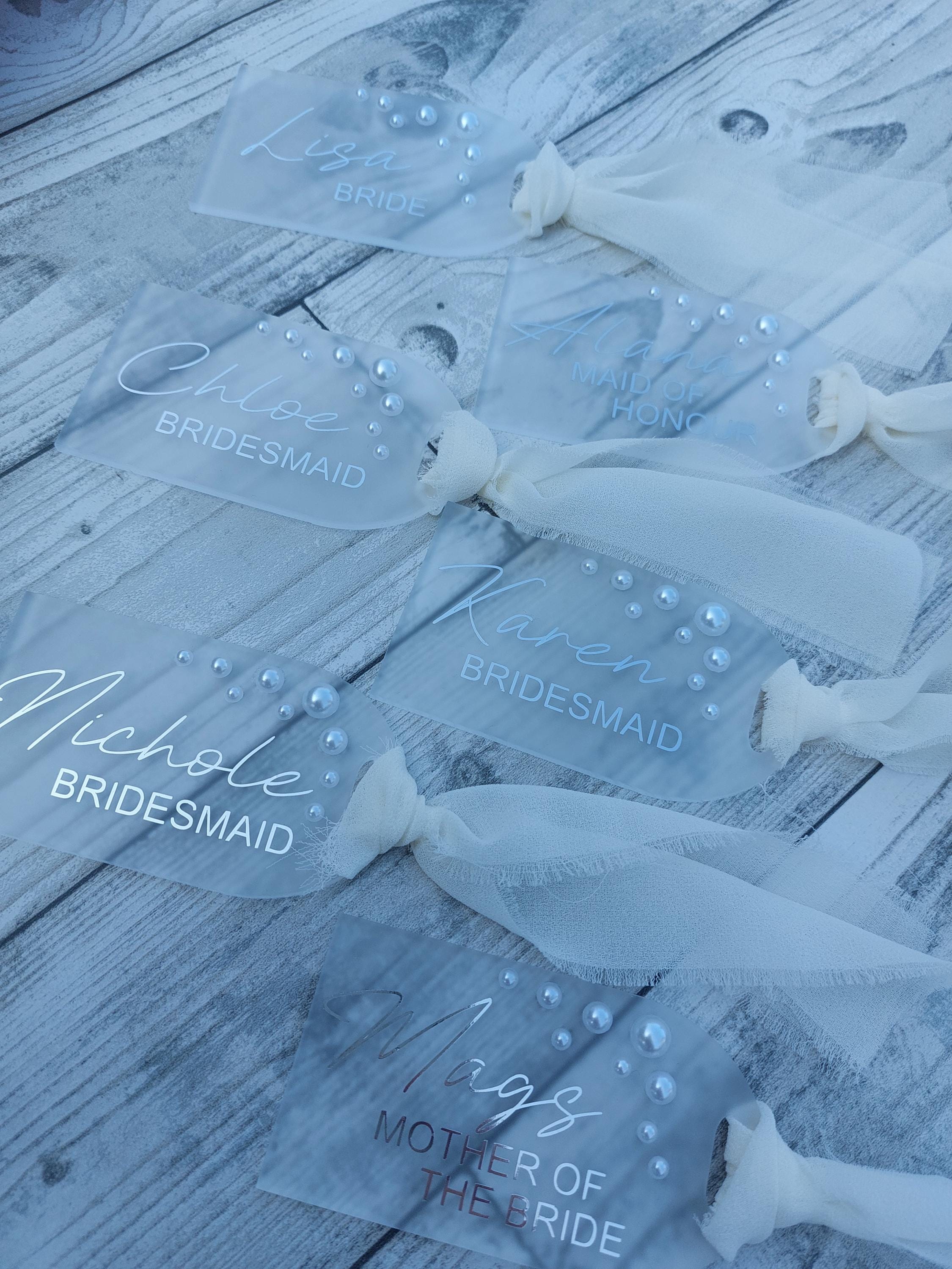 Personalised Frosted Acrylic Wedding Hanger Tag: Pearl Detail, Photo Prop
