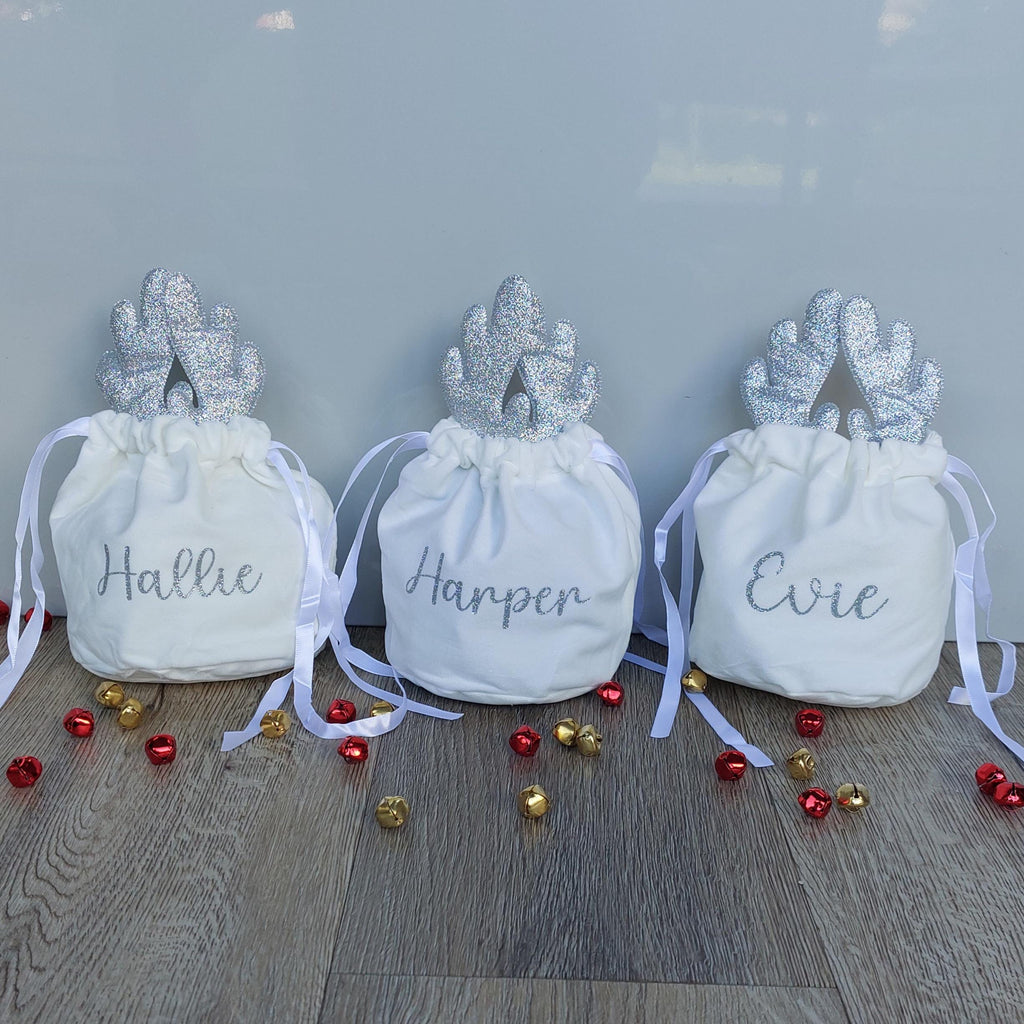 Personalised Christmas Reindeer Treat Bag: Gold or Silver Antlers
