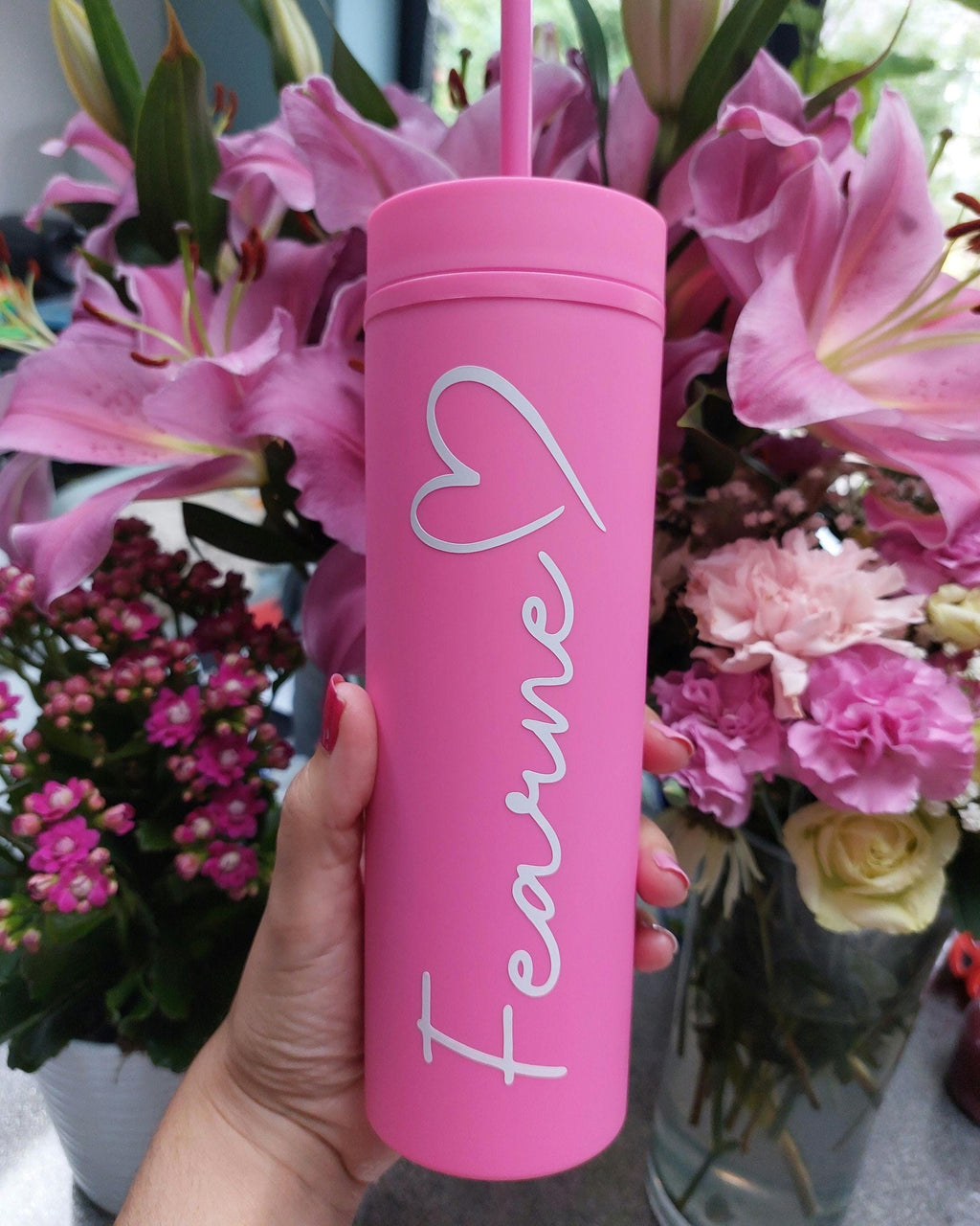 Personalised Water Bottle, 16oz Skinny Tumbler, Birthday Present, Summer Cold Cup, Bridal Party Gift