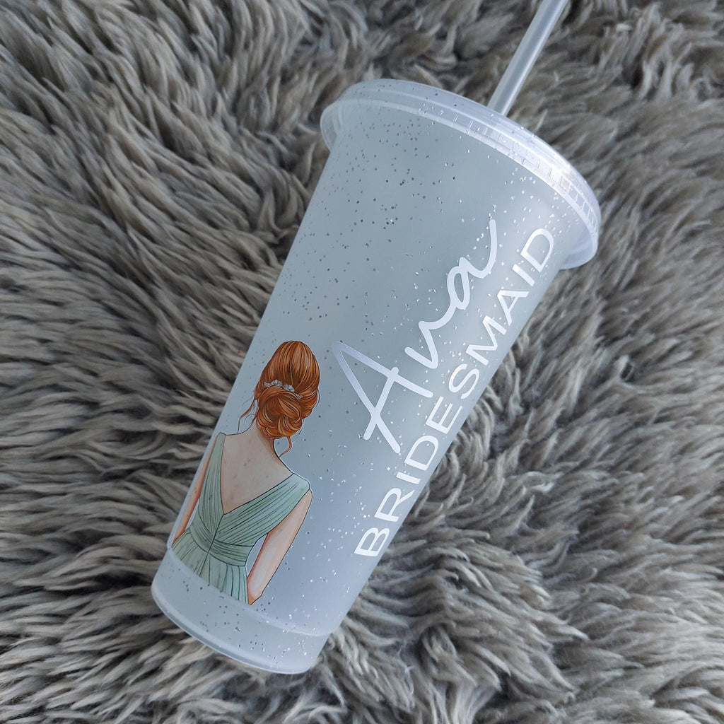 Personalised Bridesmaid Cold Cup: Bridal Party Favour, Glitter Frosted Cup