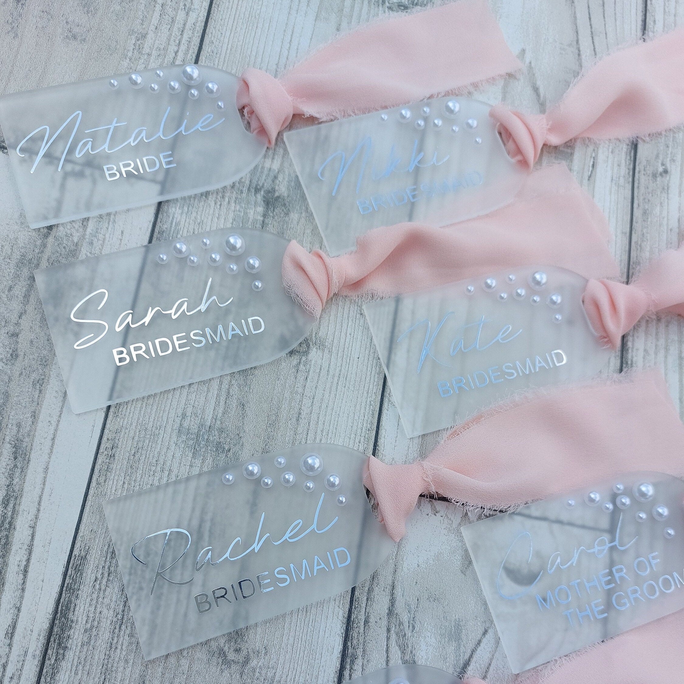 Personalised Frosted Acrylic Wedding Hanger Tag: Pearl Detail, Bridal Party Gift