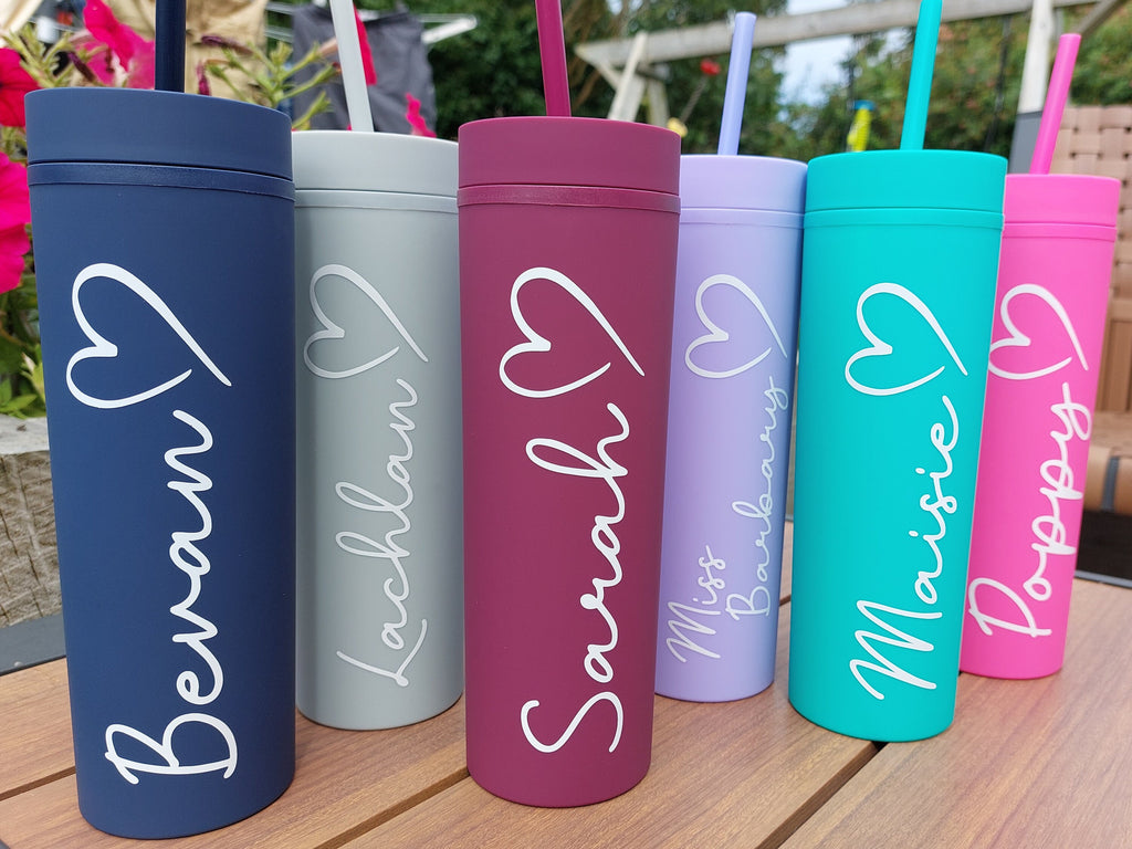 Personalised Water Bottle, 16oz Skinny Tumbler, Birthday Present, Summer Cold Cup, Bridal Party Gift