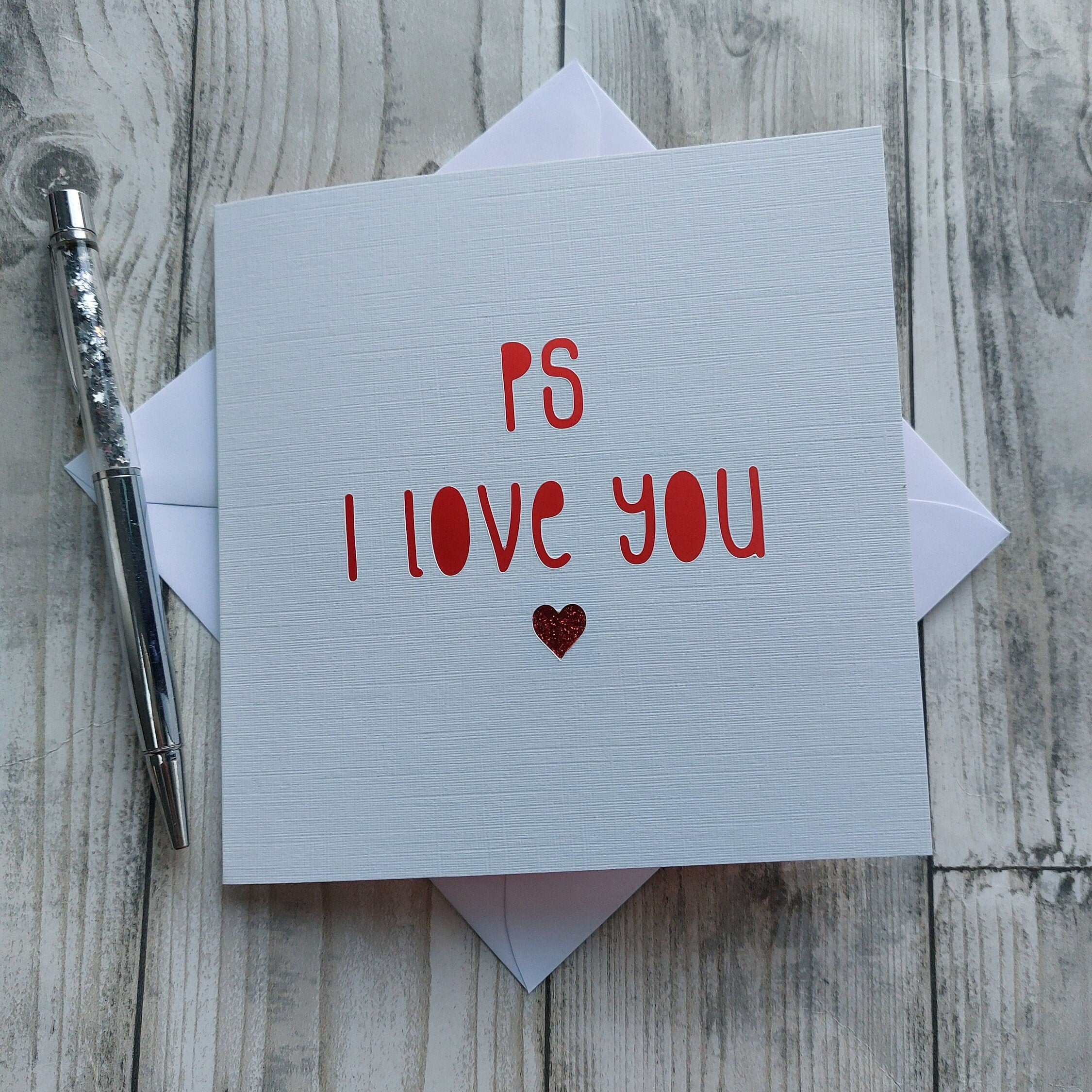 PS I Love You Valentines Card: Red Glitter Heart, Love Card