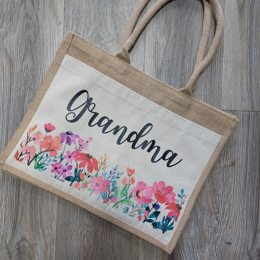 Mum Jute Bag, Personalised Floral Shopper, Mothers Day Gift, Present for Nanna