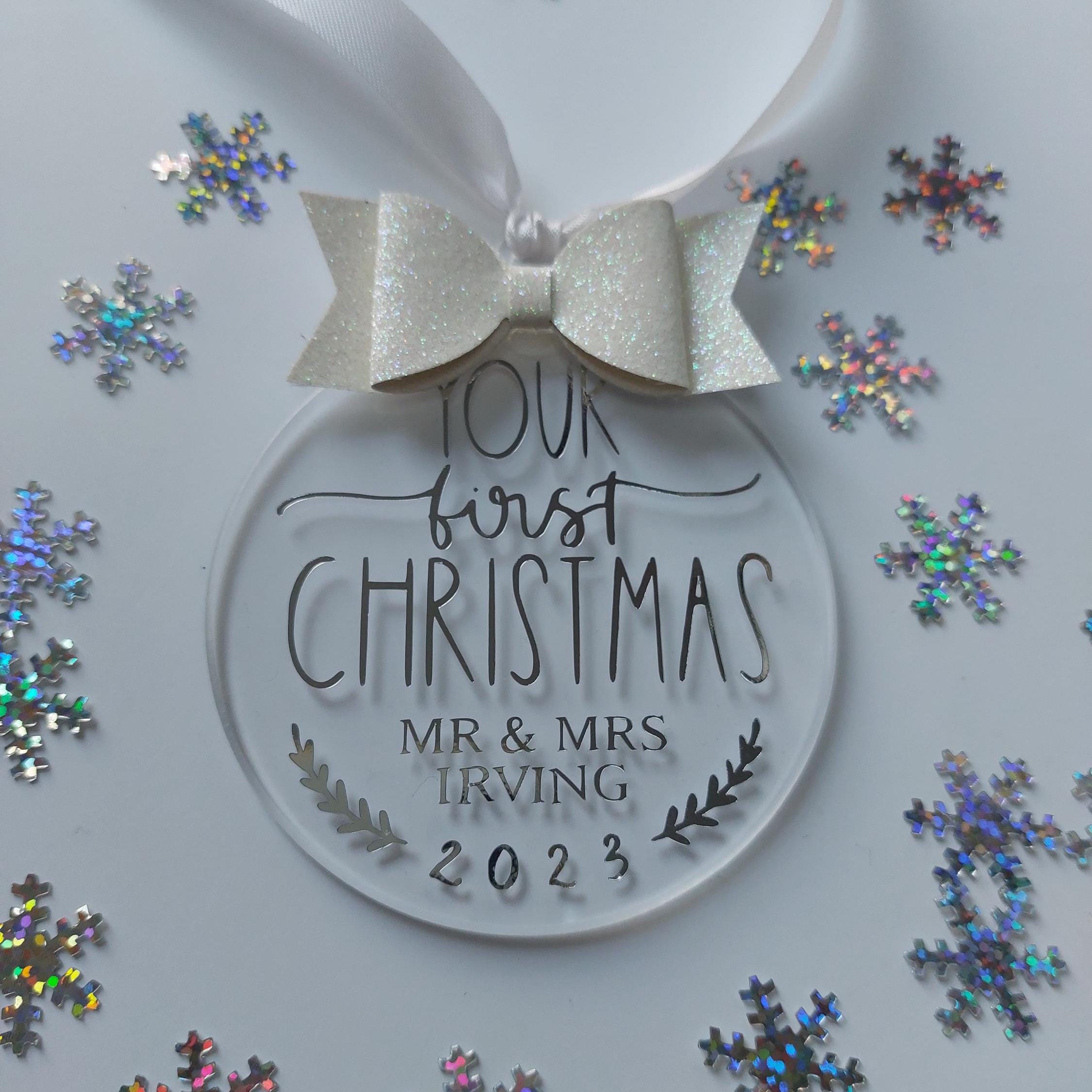 Personalised First Christmas Married Bauble: Glitter Bow Tree Decoration