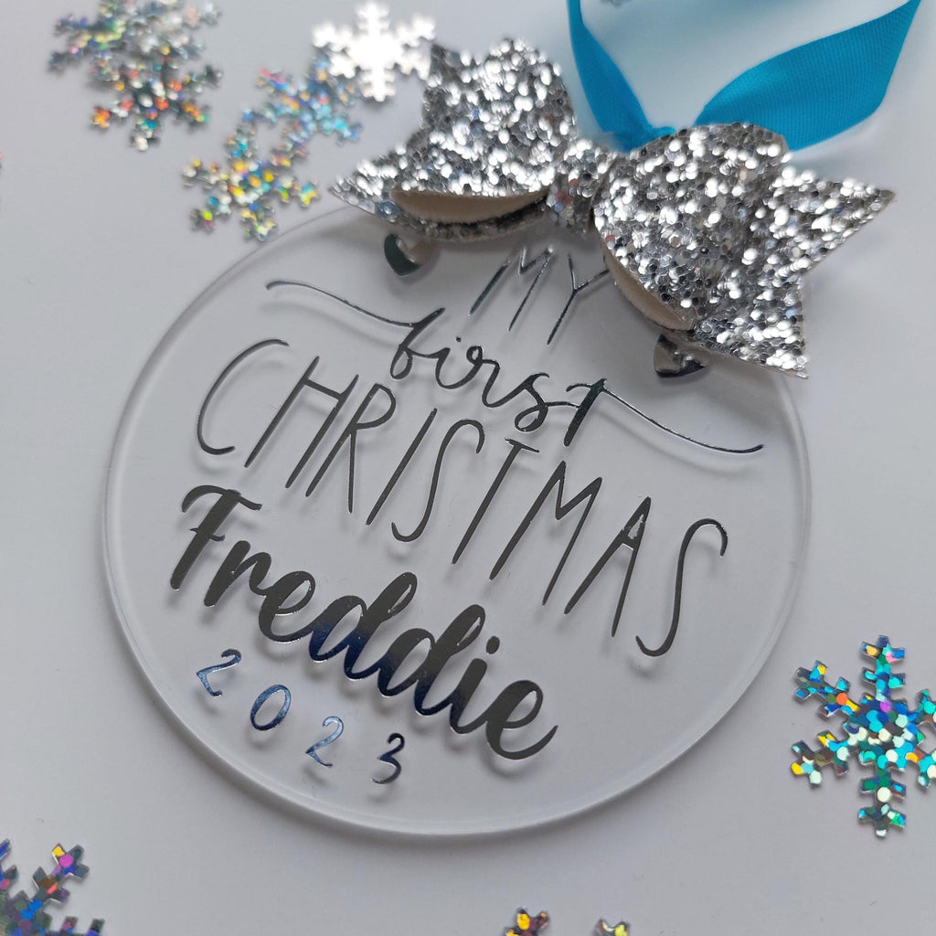 Personalised Baby's First Christmas Bauble: Glitter Bow Keepsake