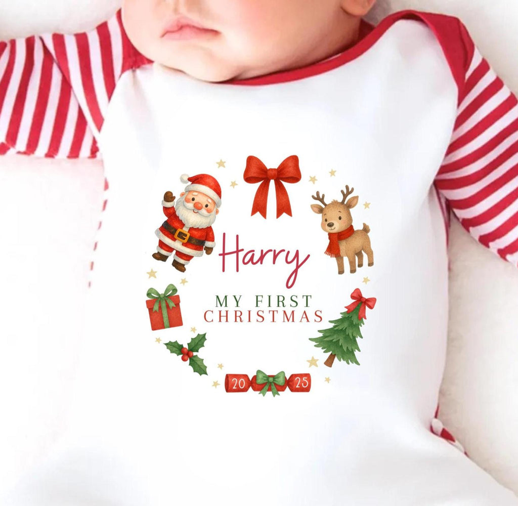 Personalized First Christmas Baby Grow, Red Striped Cotton Sleepsuit