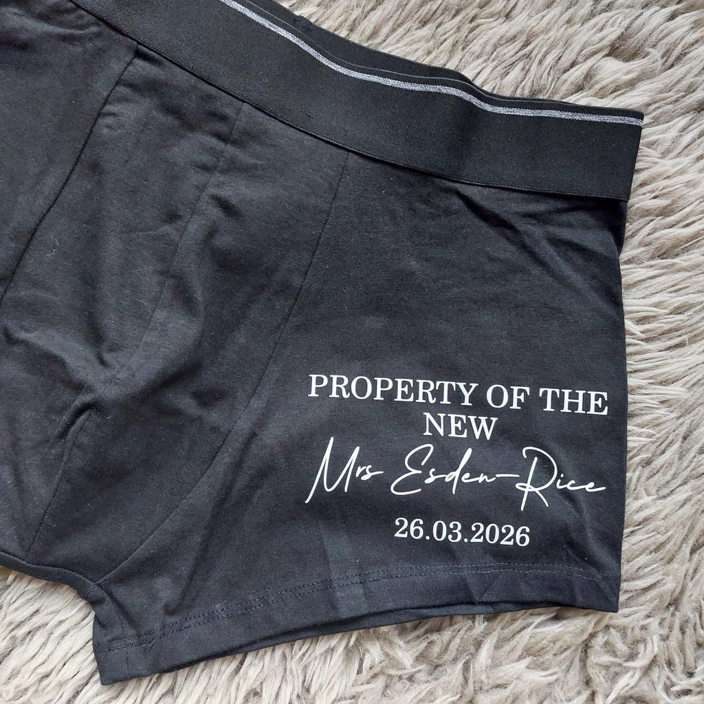 Personalised Groom Boxers, Groom Gift, Property Of The New Mrs Underwear
