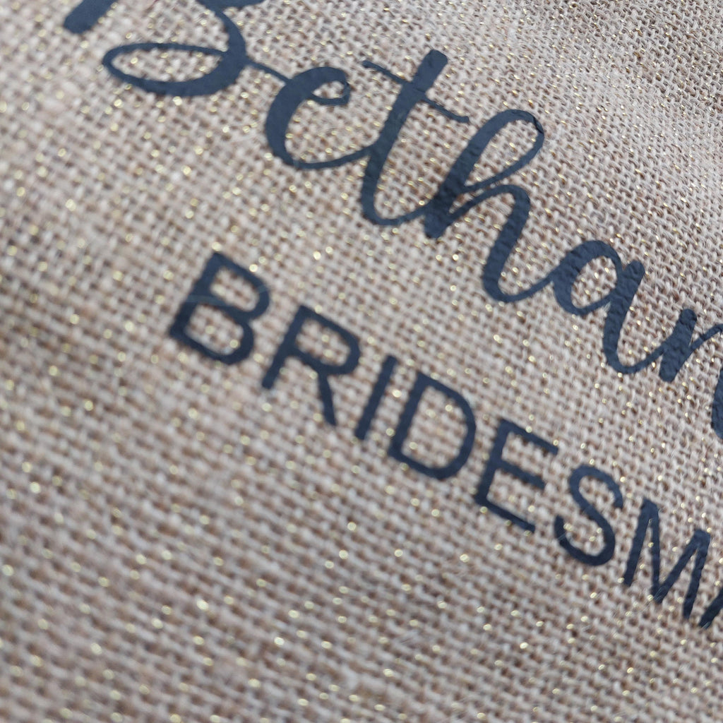 Personalised Jute Bridesmaid Bag, Gold Shimmer Bridal Party Gift