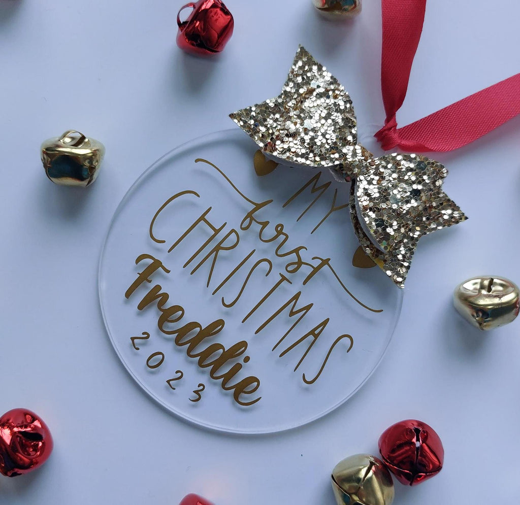 Personalised Baby's First Christmas Bauble: Glitter Bow Keepsake