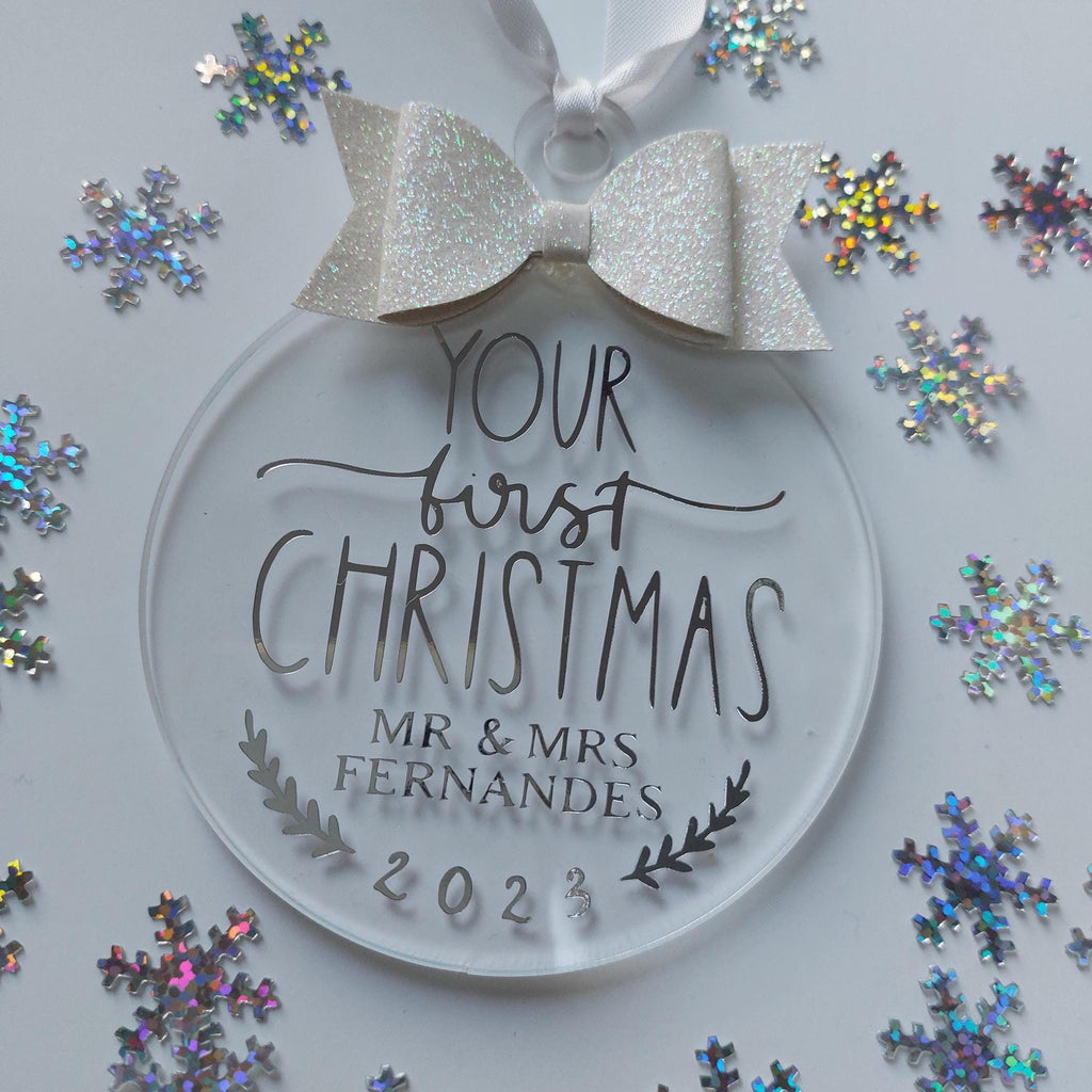 Personalised First Christmas Married Bauble: Glitter Bow Tree Decoration