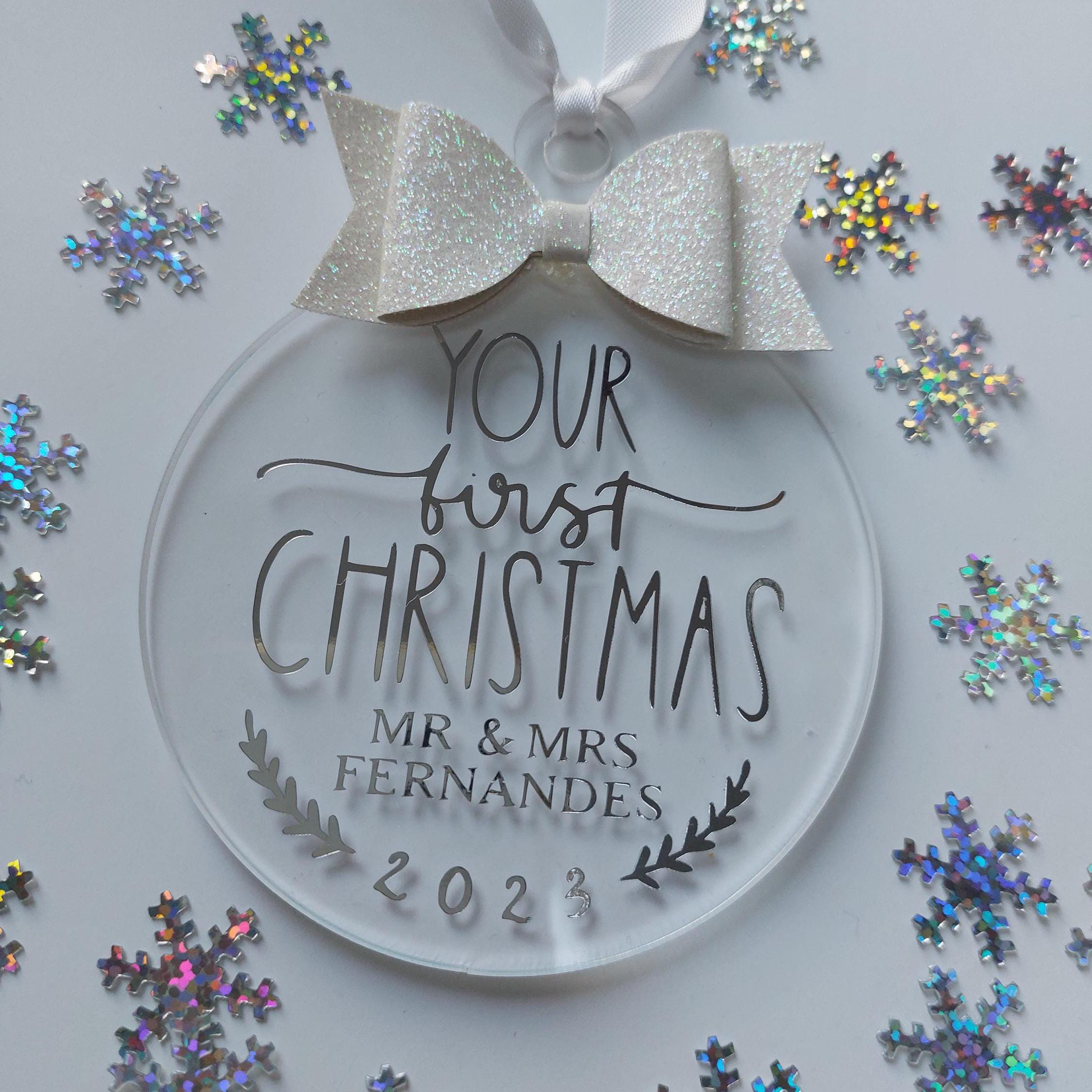 Personalised First Christmas Married Bauble: Glitter Bow Tree Decoration