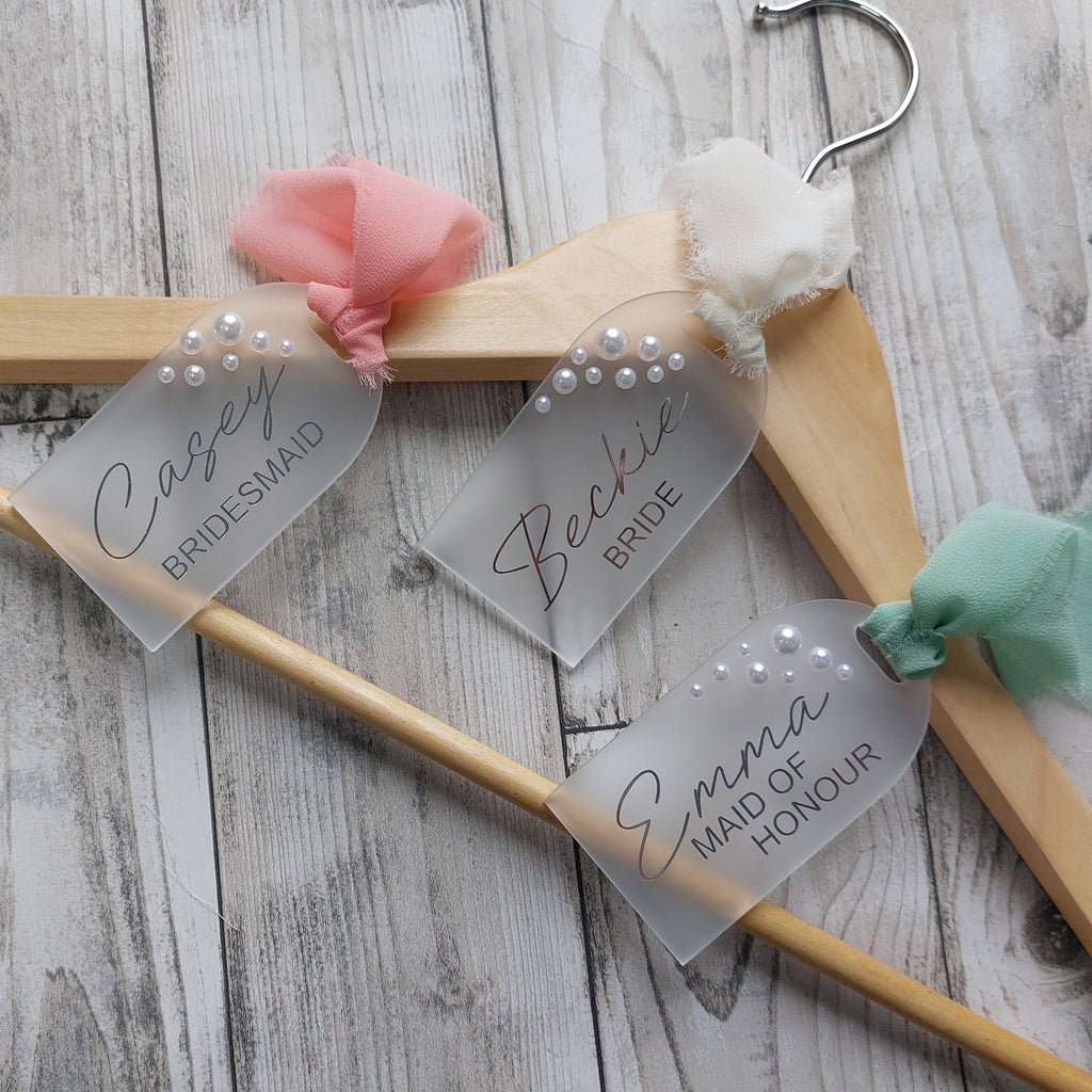 Personalised Frosted Acrylic Wedding Hanger Tag: Pearl Detail, Bridal Party Gift