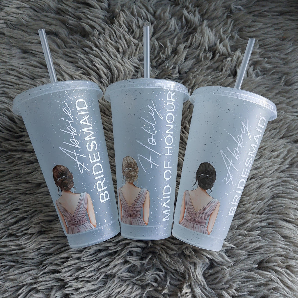 Personalised Bridesmaid Cold Cup: Bridal Party Favour, Glitter Frosted Cup