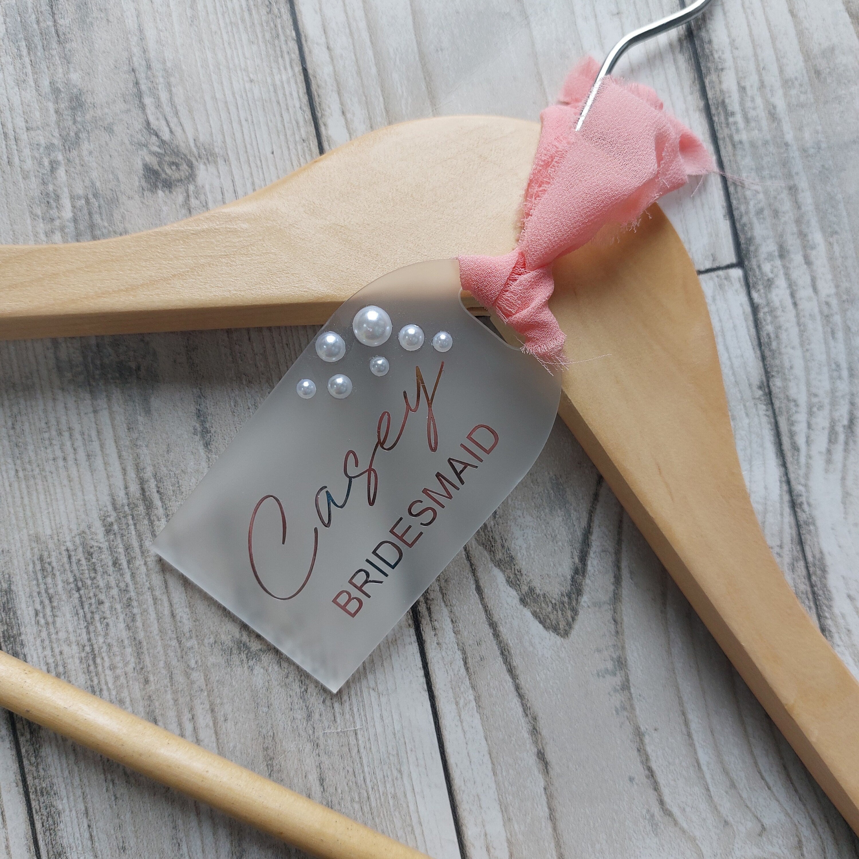 Personalised Frosted Acrylic Wedding Hanger Tag: Pearl Detail, Photo Prop