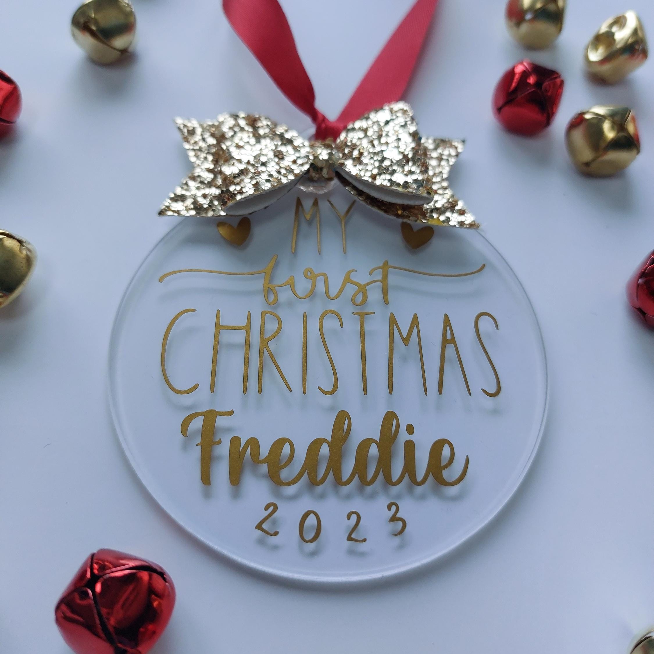 Personalised Baby's First Christmas Bauble: Glitter Bow Keepsake