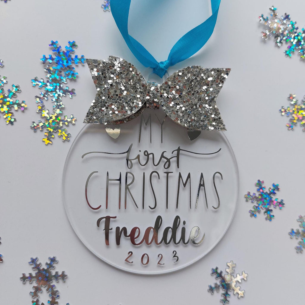 Personalised Baby's First Christmas Bauble: Glitter Bow Keepsake