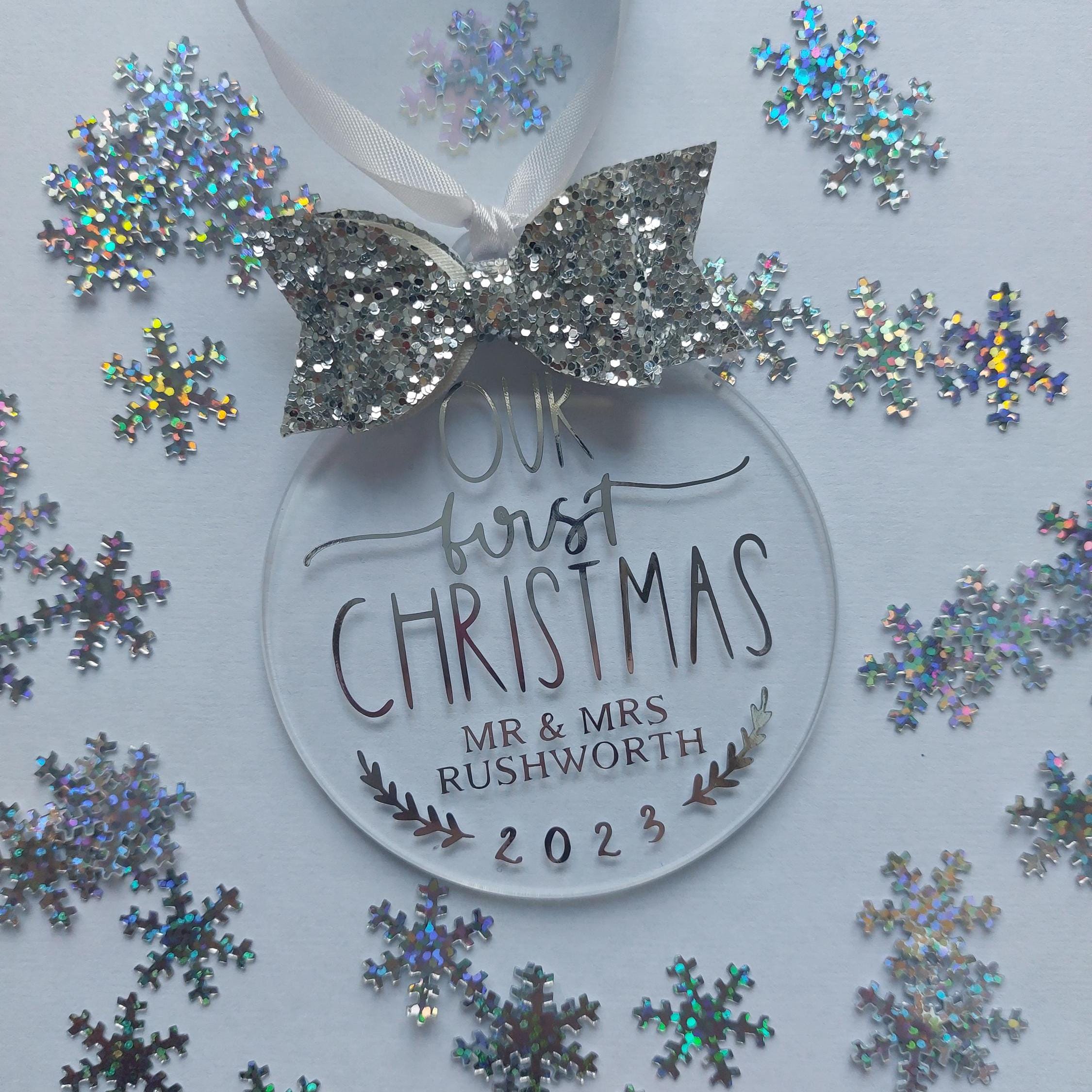 Personalised First Christmas Married Bauble: Glitter Bow Tree Decoration