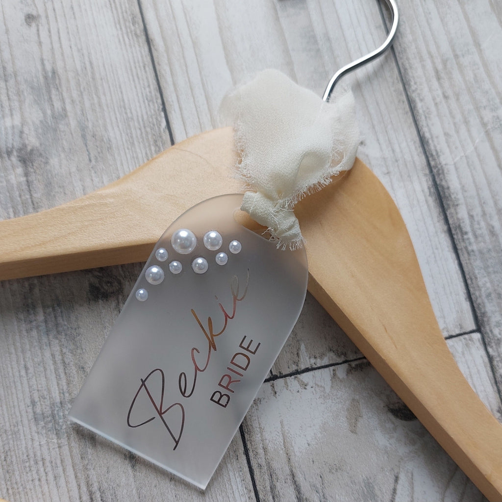 Personalised Frosted Acrylic Wedding Hanger Tag: Pearl Detail, Photo Prop