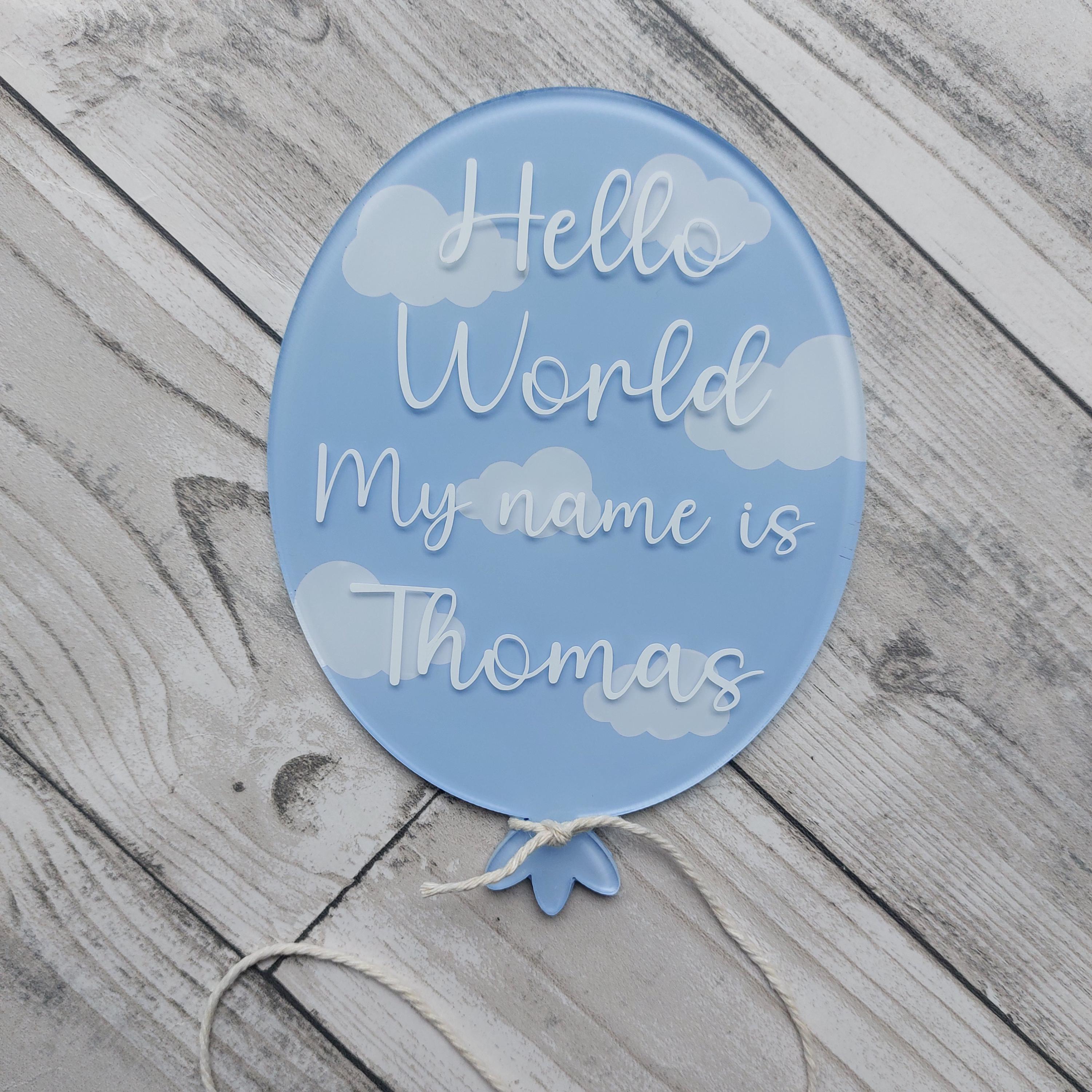 Personalised Acrylic Birth Announcement Balloon: Hello World Baby Photo Prop