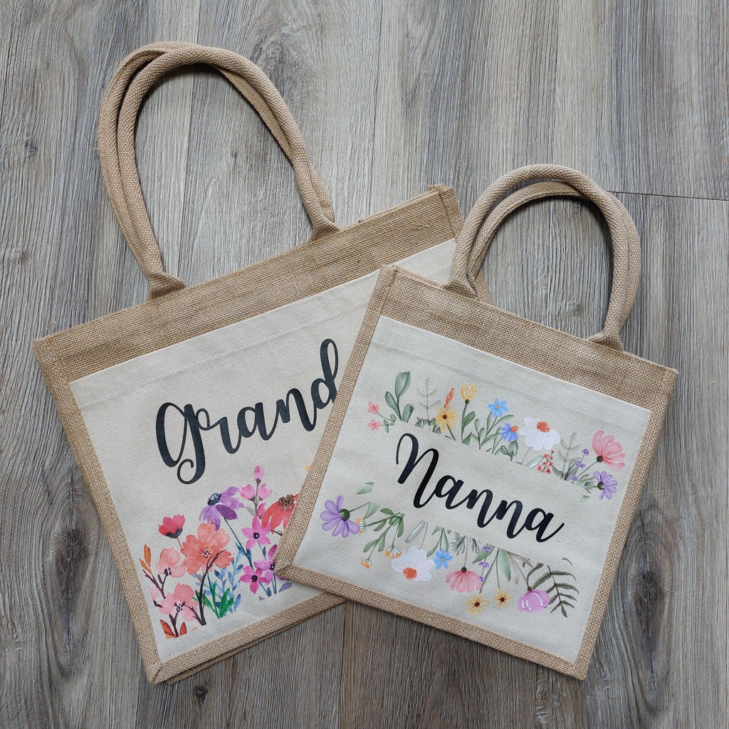 Mum Jute Bag, Personalised Floral Shopper, Mothers Day Gift, Present for Nanna