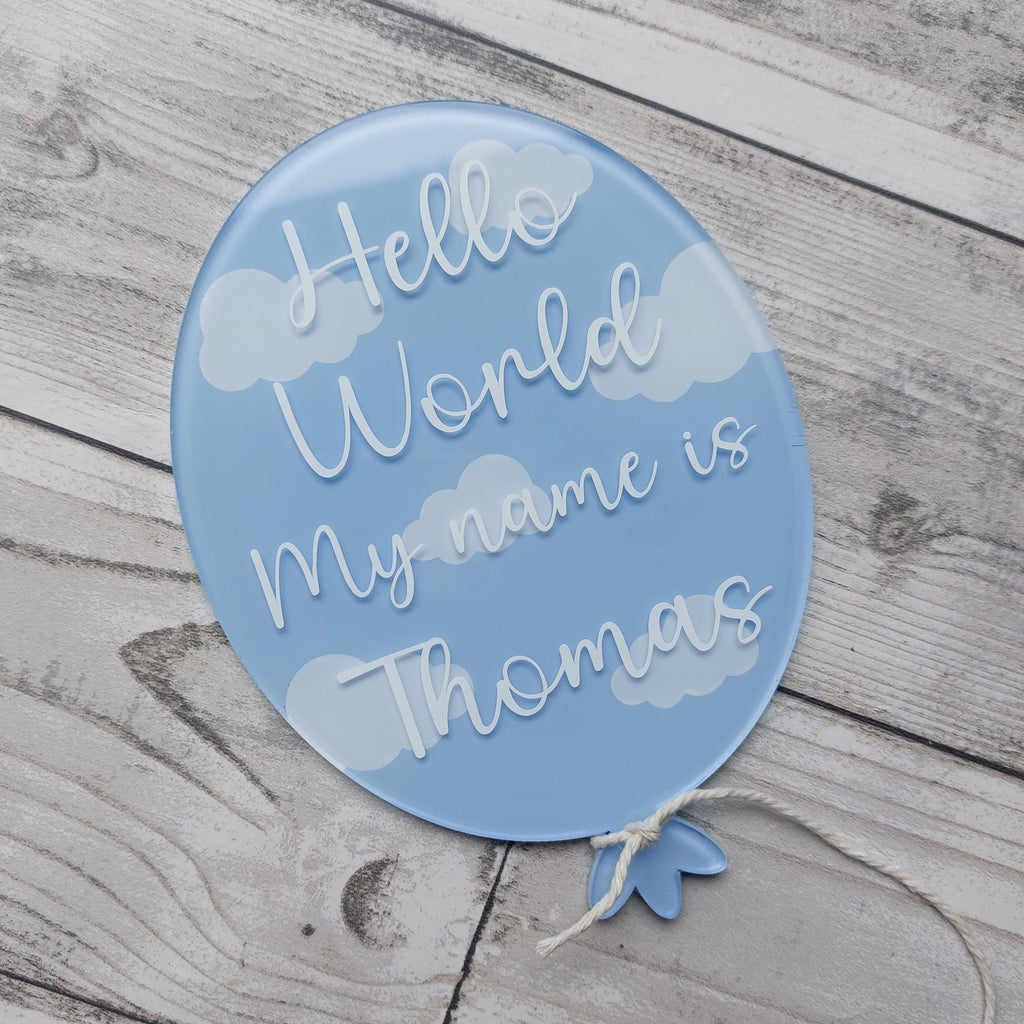 Personalised Acrylic Birth Announcement Balloon: Hello World Baby Photo Prop