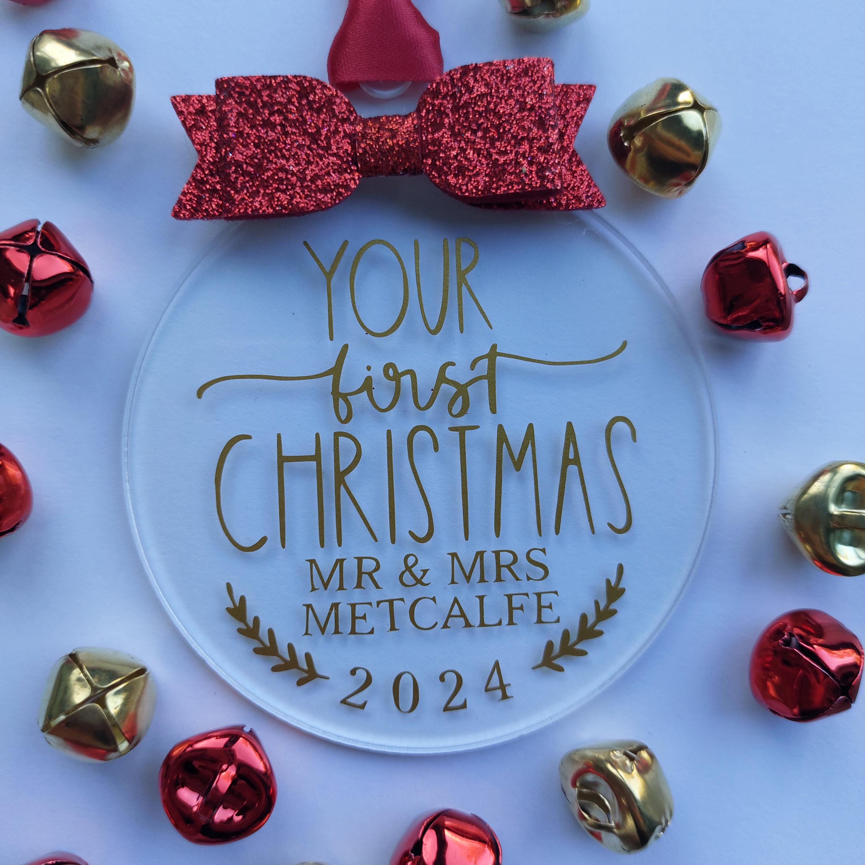 Personalised First Christmas Married Bauble: Glitter Bow Tree Decoration
