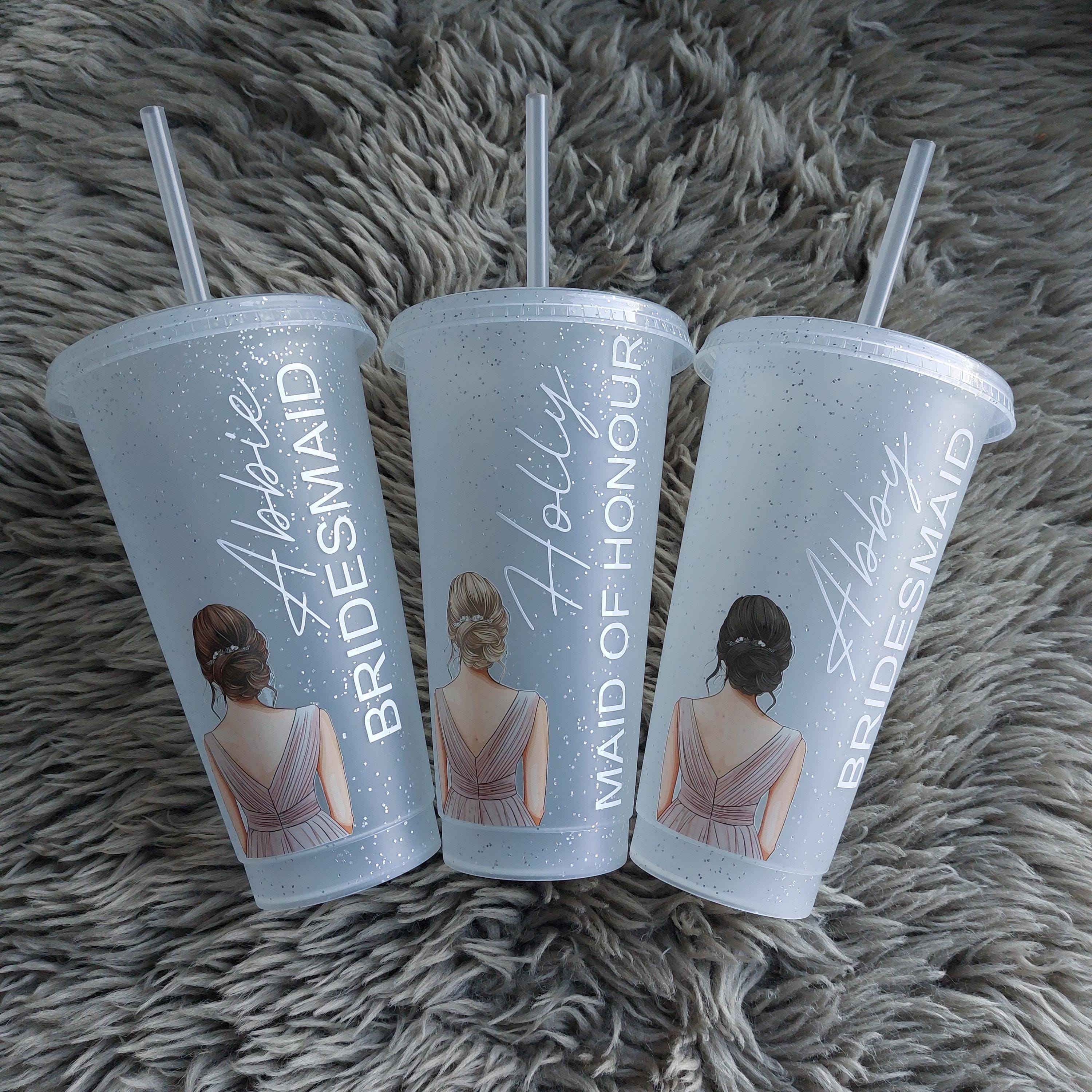 Personalised Bridesmaid Cold Cup: Bridal Party Favour, Glitter Frosted Cup