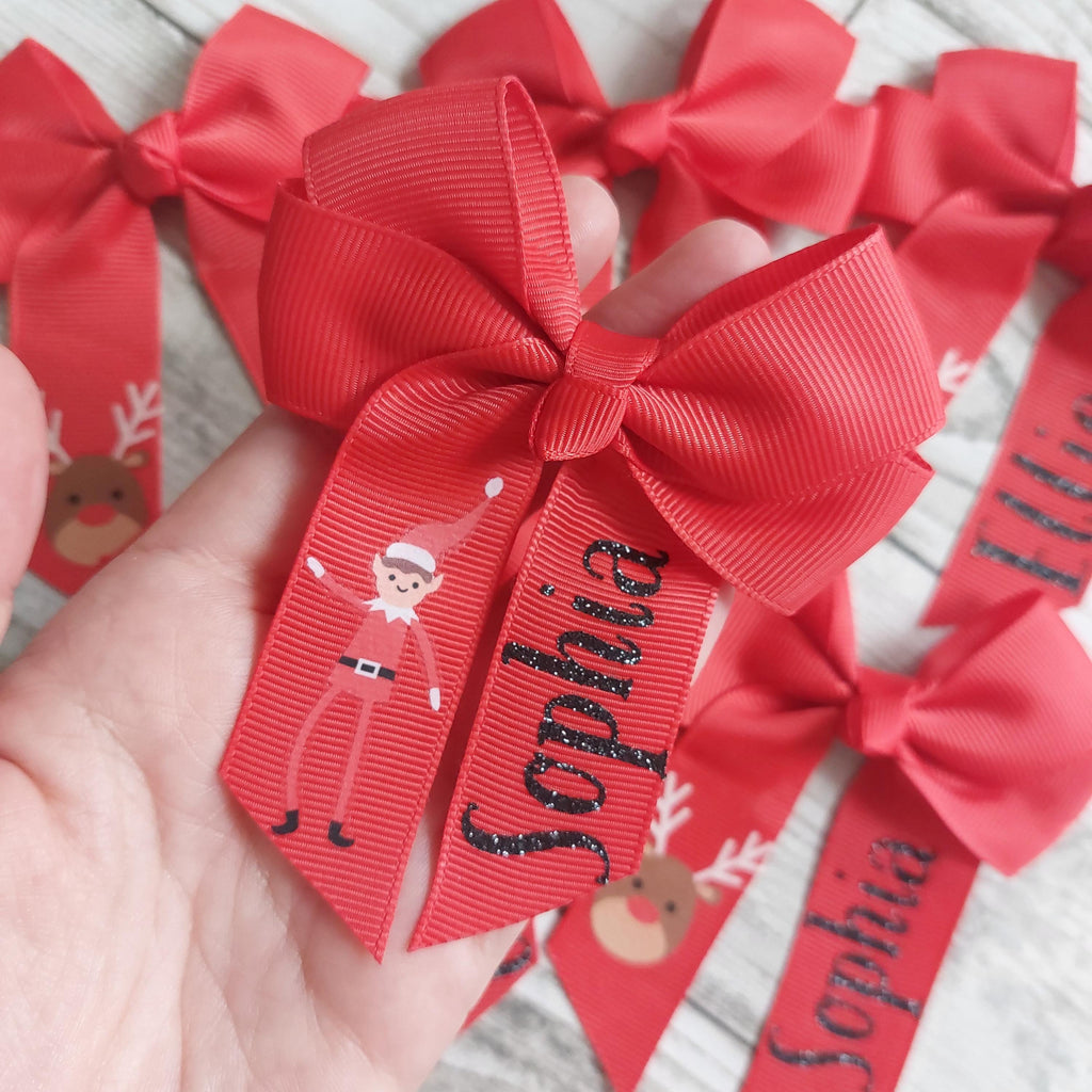 Personalised Christmas Hair Bow: Red Grosgrain Ribbon, Christmas Eve Box Filler