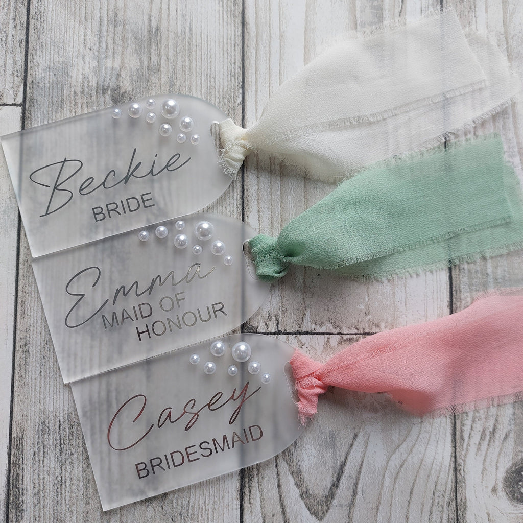 Personalised Frosted Acrylic Wedding Hanger Tag: Pearl Detail, Bridal Party Gift