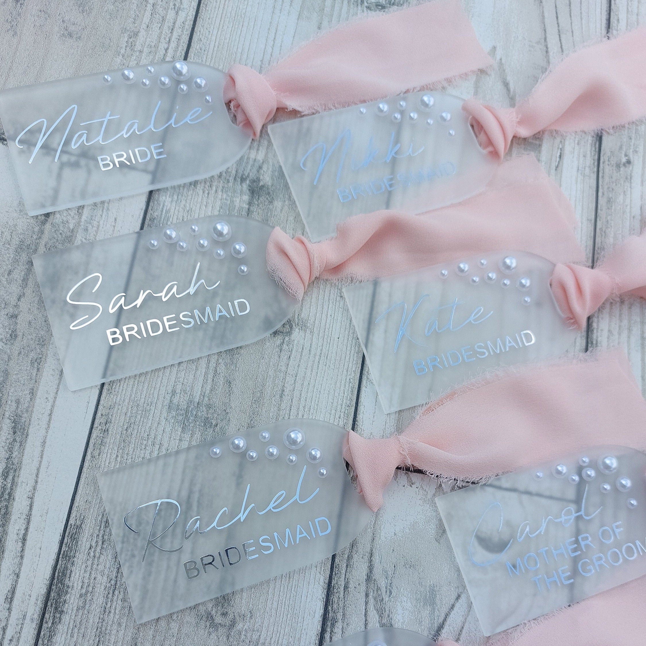 Personalised Frosted Acrylic Wedding Hanger Tag: Pearl Detail, Photo Prop