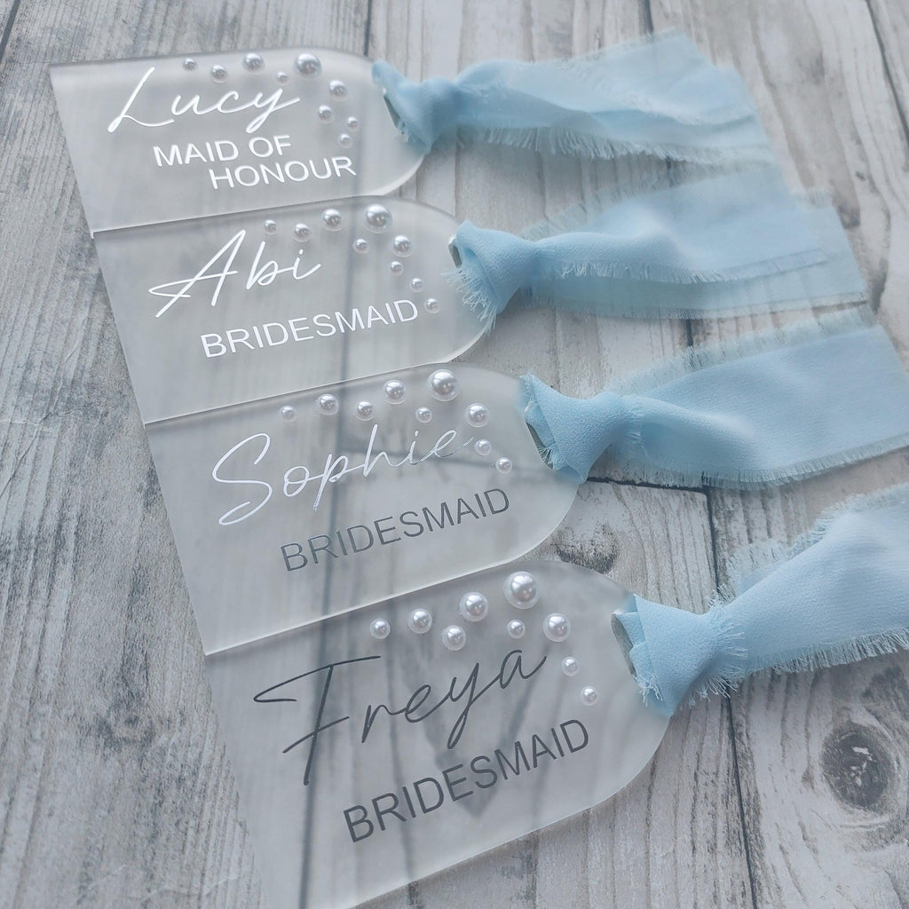 Personalised Frosted Acrylic Wedding Hanger Tag: Pearl Detail, Photo Prop