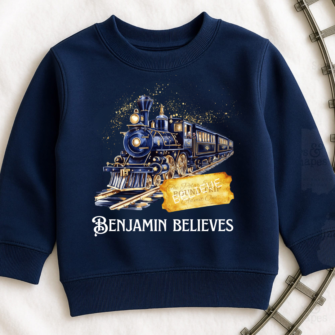 Personalised Kids’ Christmas Train Sweatshirt – Golden Ticket Design