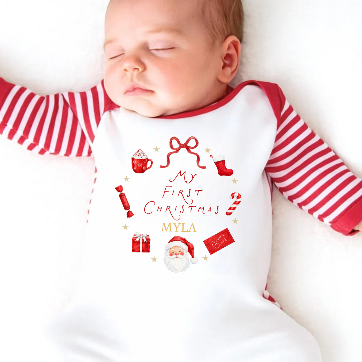 Personalised First Christmas Rompersuit – Red Stripe Baby Pyjamas