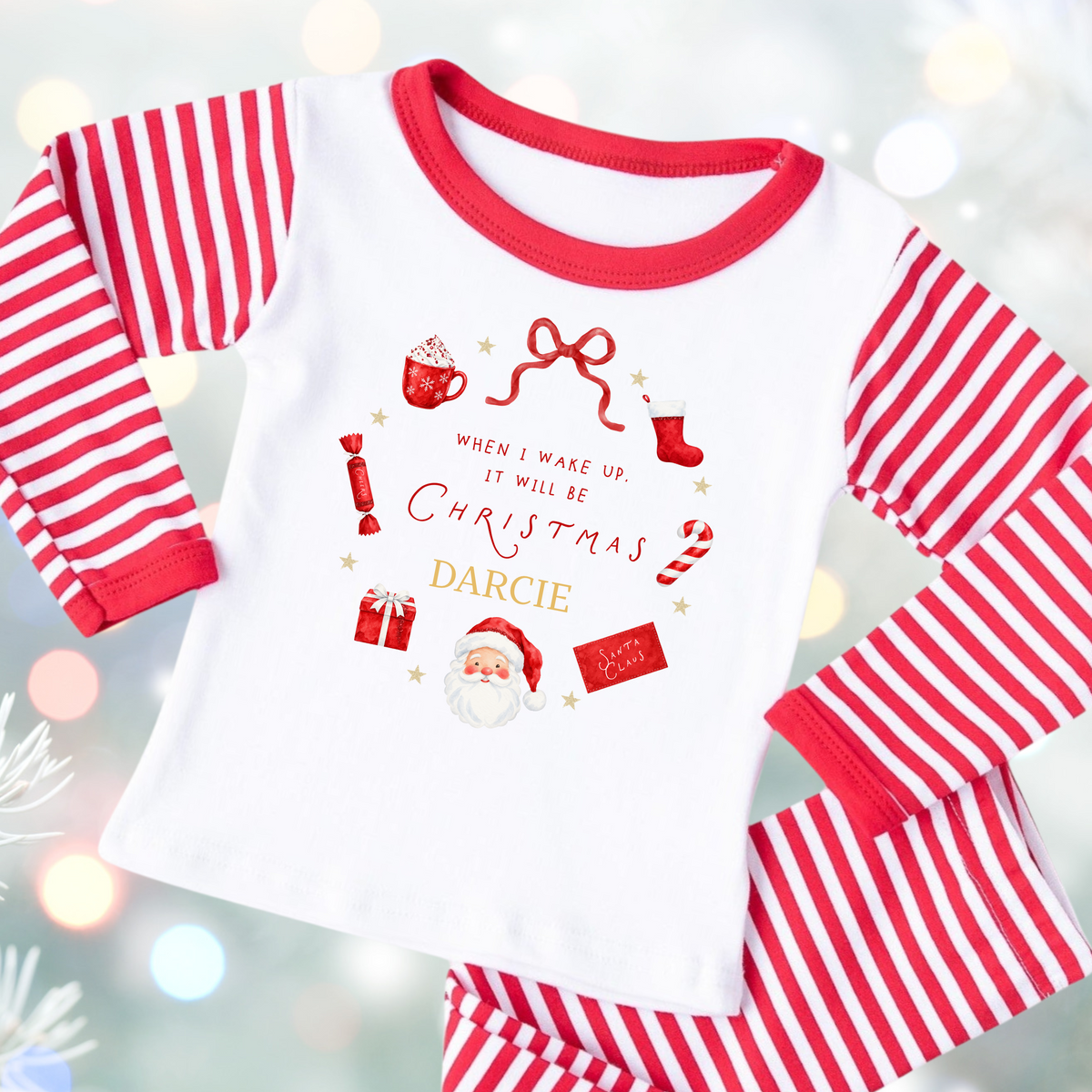Personalised When I Wake Up Christmas Pyjamas – Red Stripe