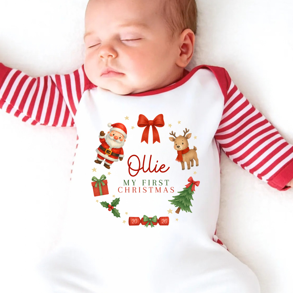 Personalised First Christmas Baby Grow – 2026 Wreath, Red Stripes