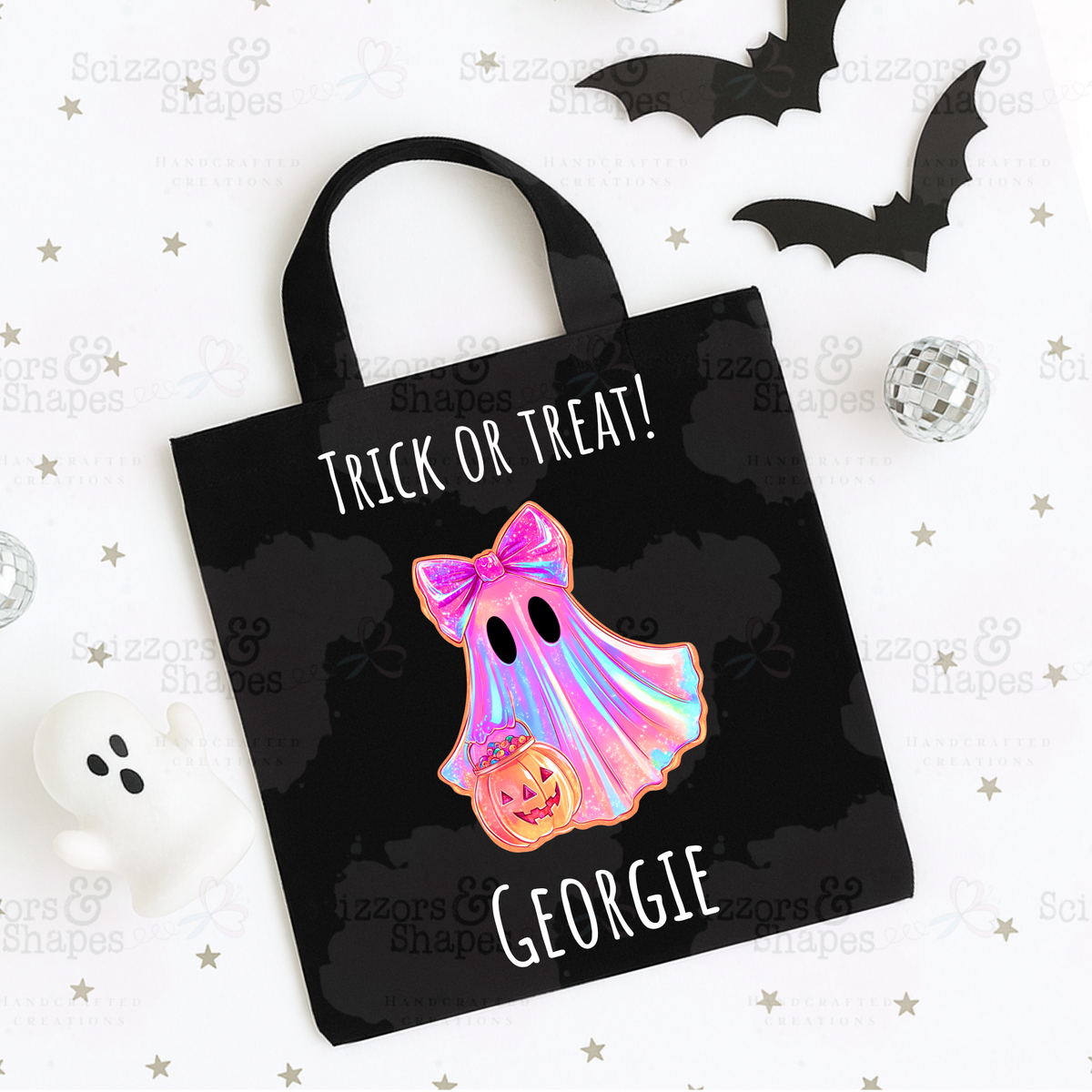Personalised Pink Neon Ghost Trick or Treat Bag – Halloween Tote