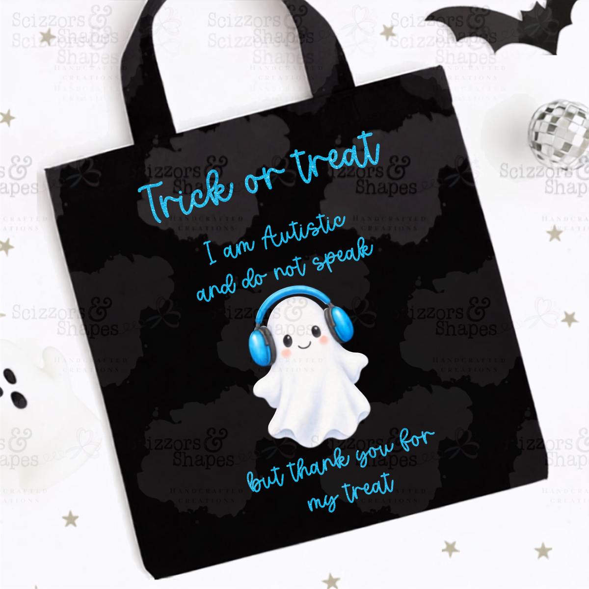 Autism Halloween Tote, Ghost with Ear Defenders, Non-Verbal Trick or Treat Bag