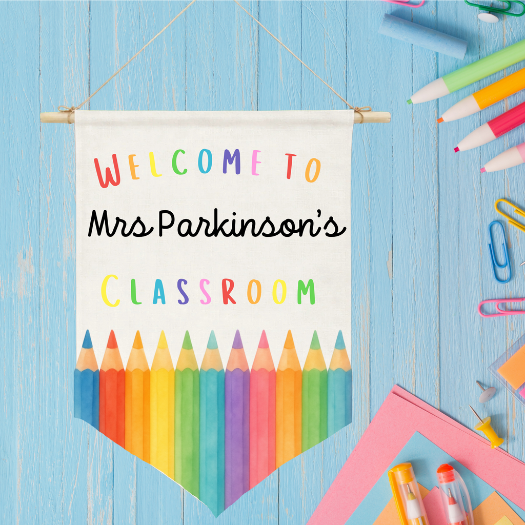 Personalised Linen Classroom Sign, Custom Name Hanging Pennant, Thank You Gift for Teacher, End of Term Teacher Appreciation Classroom Gift