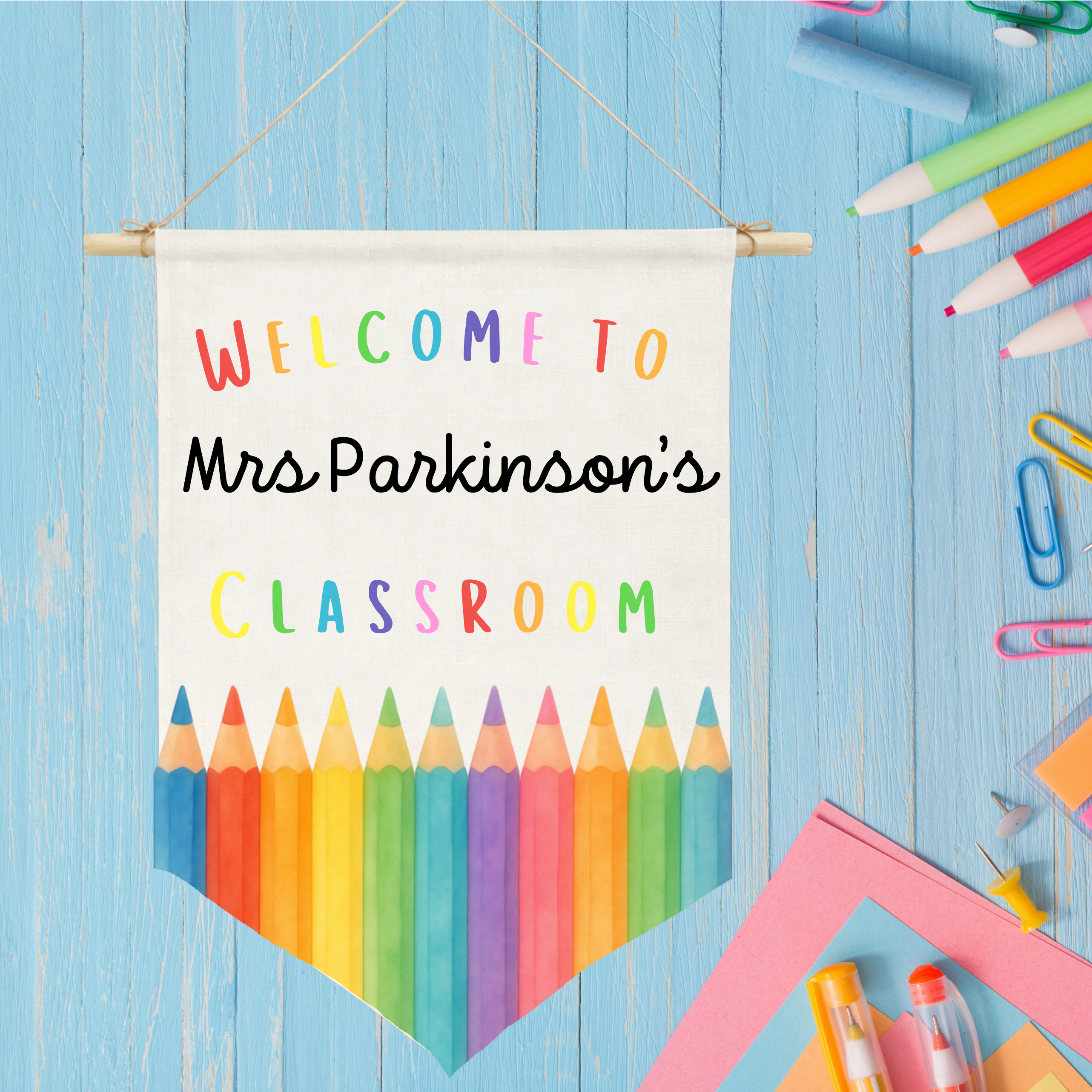 Personalised Linen Classroom Sign, Custom Name Hanging Pennant, Thank You Gift for Teacher, End of Term Teacher Appreciation Classroom Gift