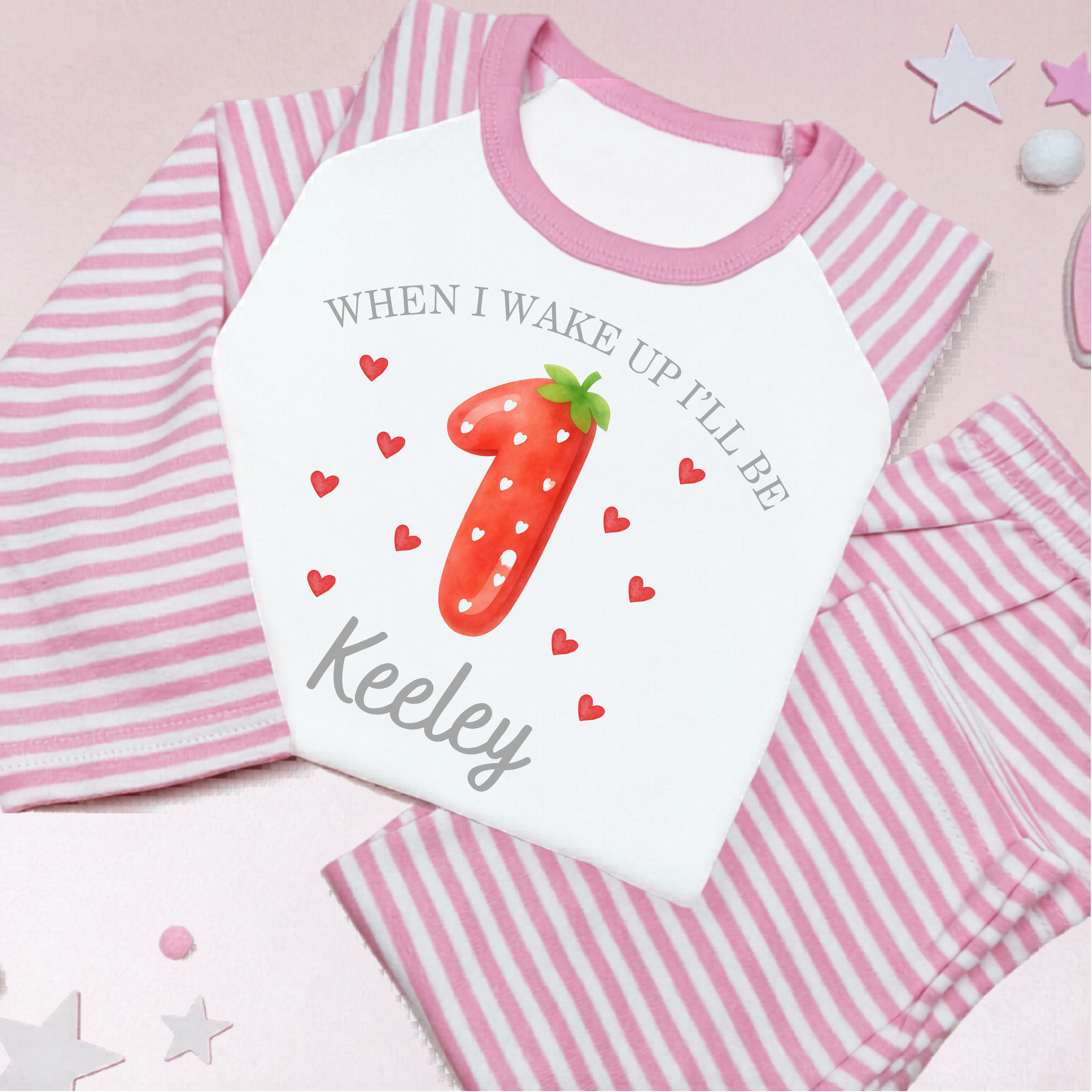 Strawberry Birthday PJ's, When I Wake Up Birthday PJ's, Personalised Birthday Pyjamas