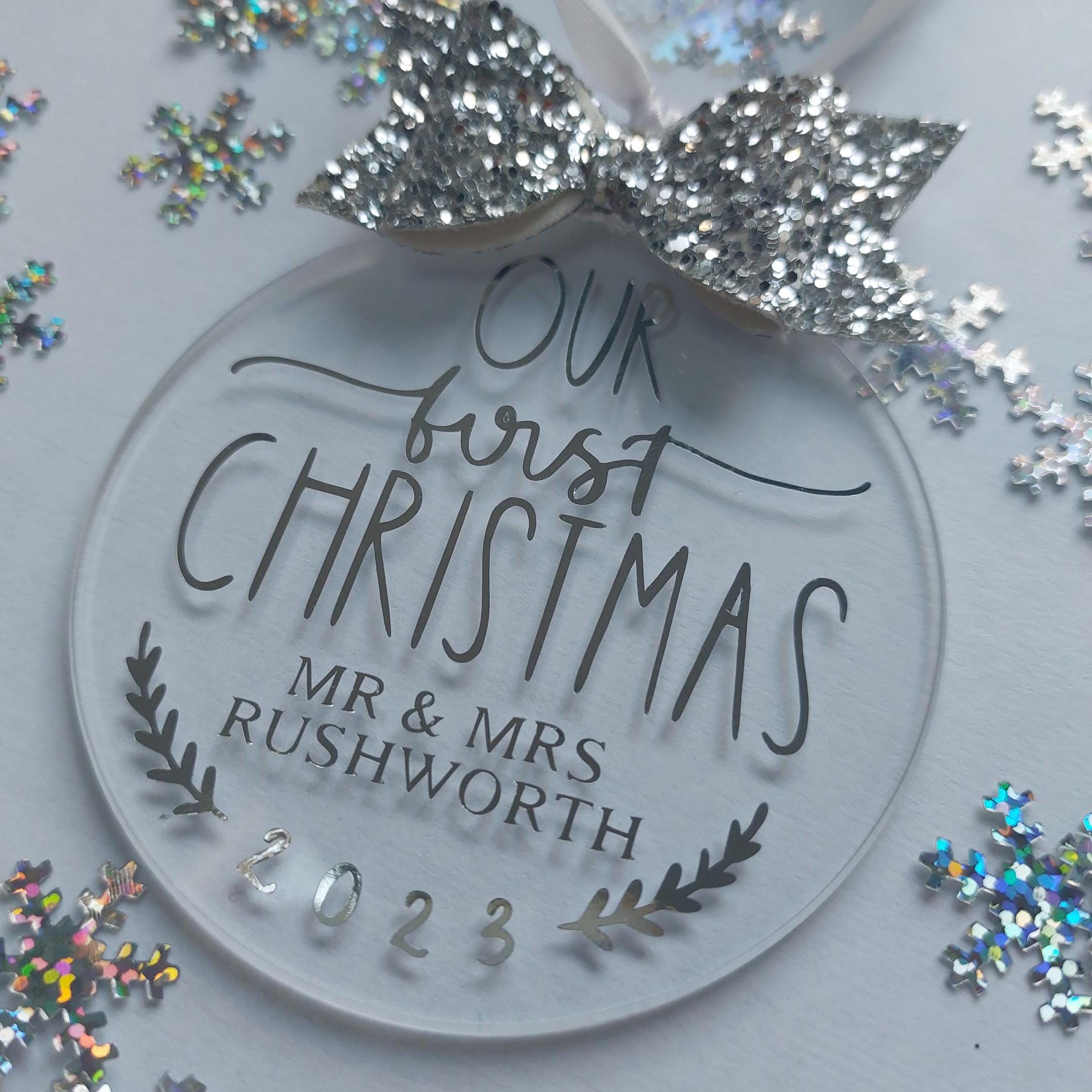Personalised First Christmas Married Bauble: Glitter Bow Tree Decoration