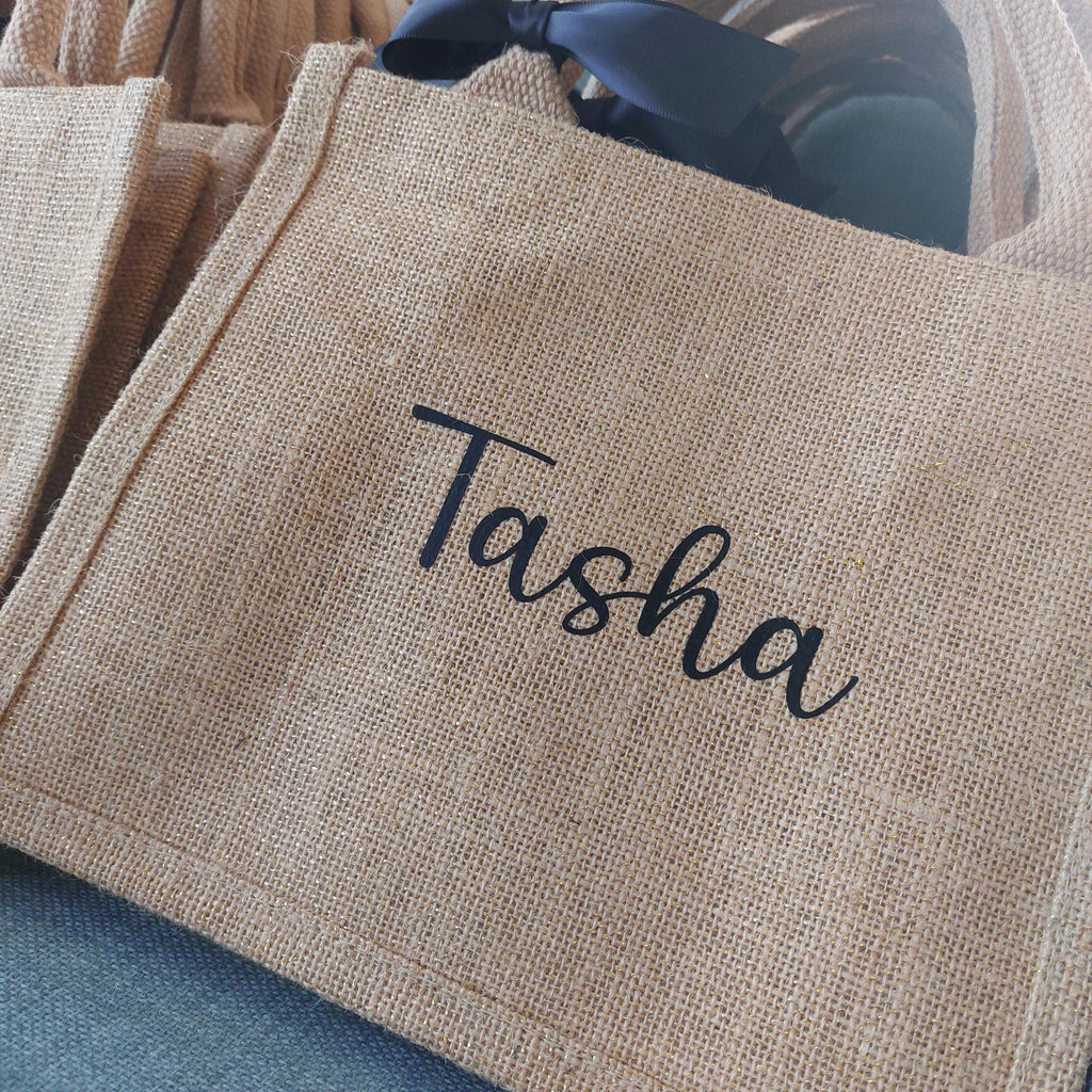 Personalised Jute Bridesmaid Bag, Gold Shimmer Bridal Party Gift