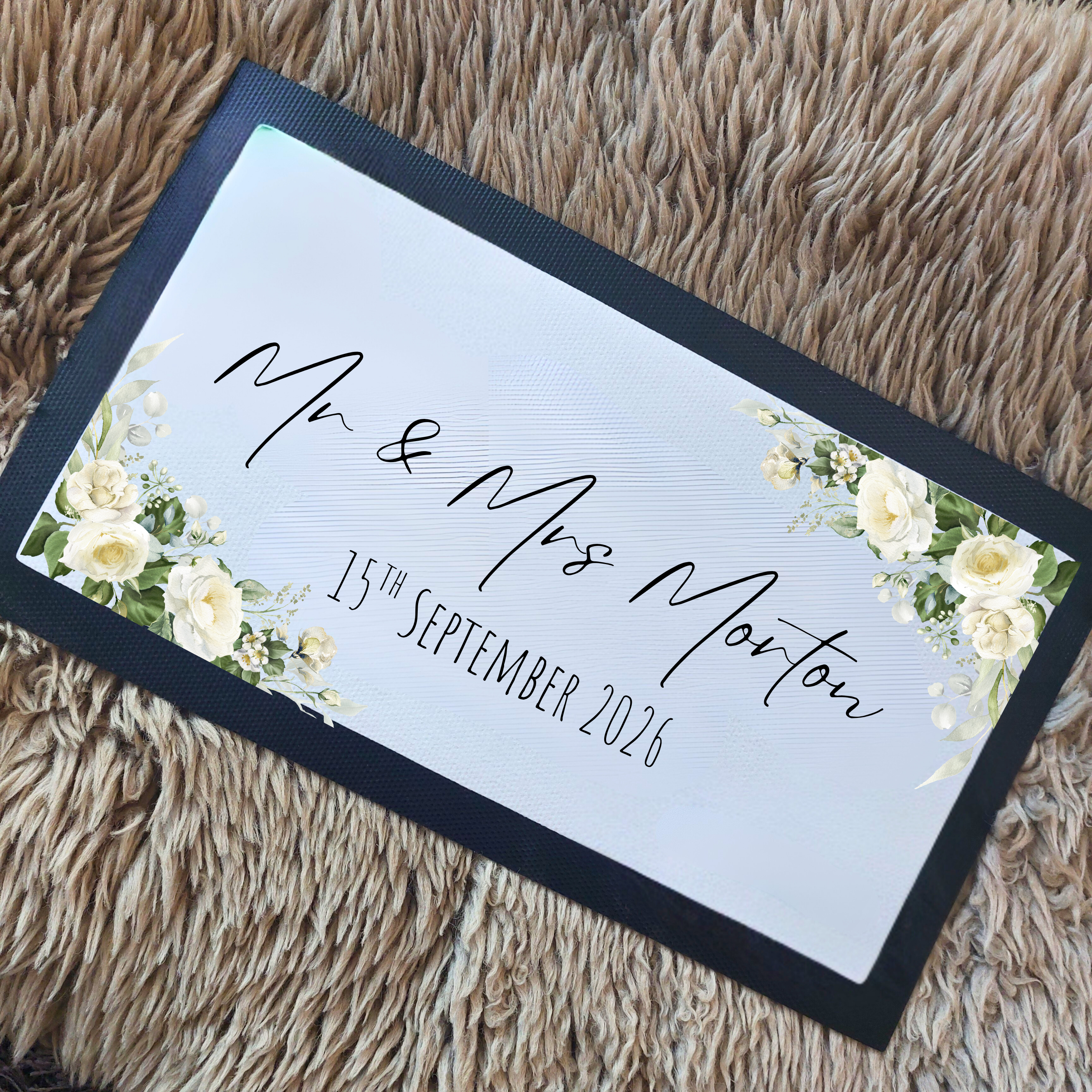 Personalised Wedding Bar Mat, White Rose Wedding Bar Mat, Wedding Bar Runner, Party Bar Mat