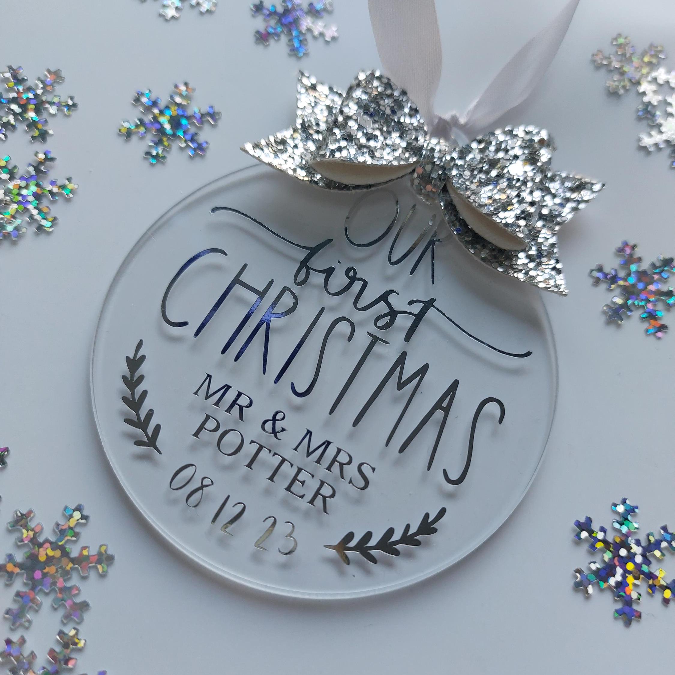 Personalised First Christmas Married Bauble: Glitter Bow Tree Decoration