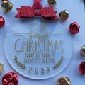 Personalised First Christmas Married Bauble: Glitter Bow Tree Decoration
