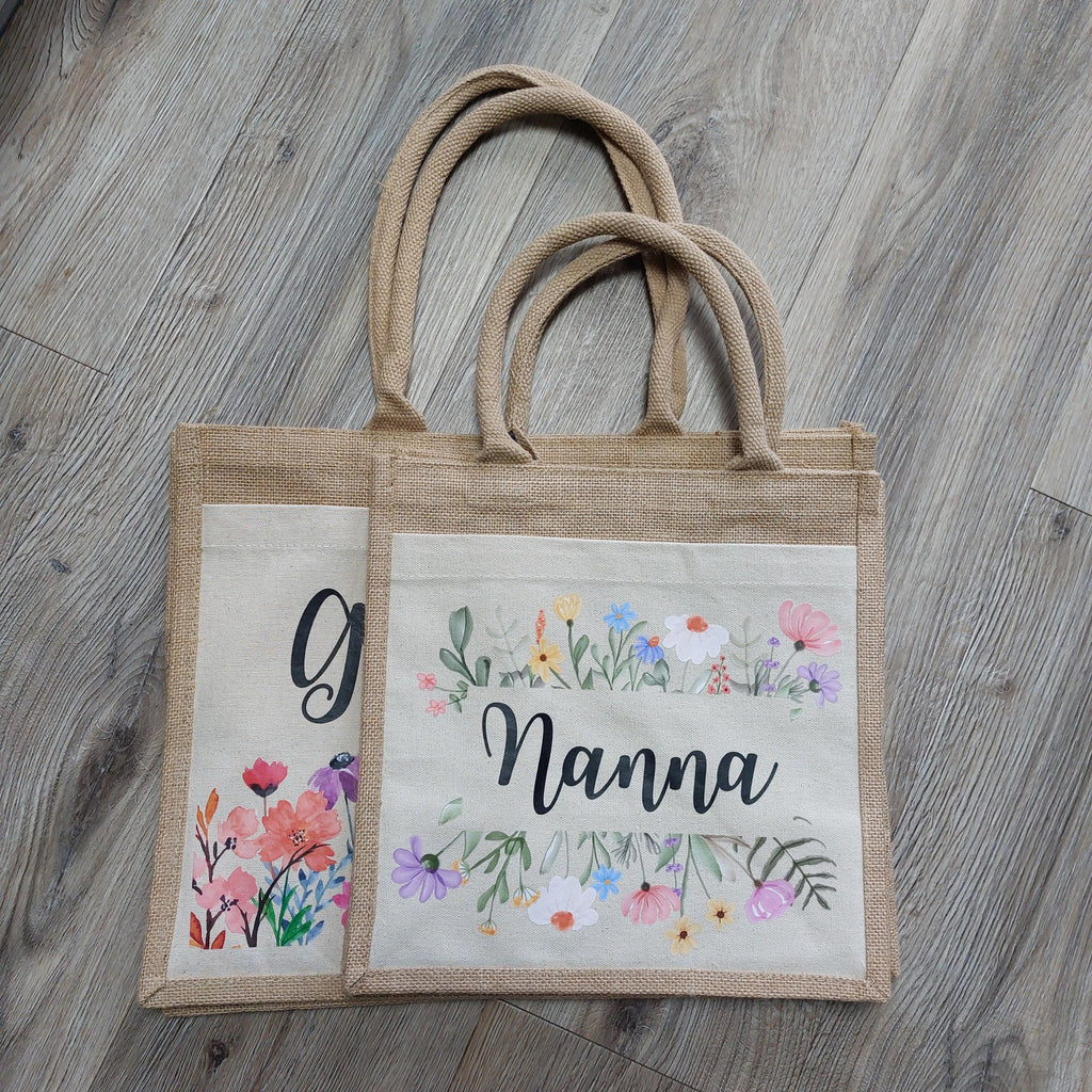 Mum Jute Bag, Personalised Floral Shopper, Mothers Day Gift, Present for Nanna